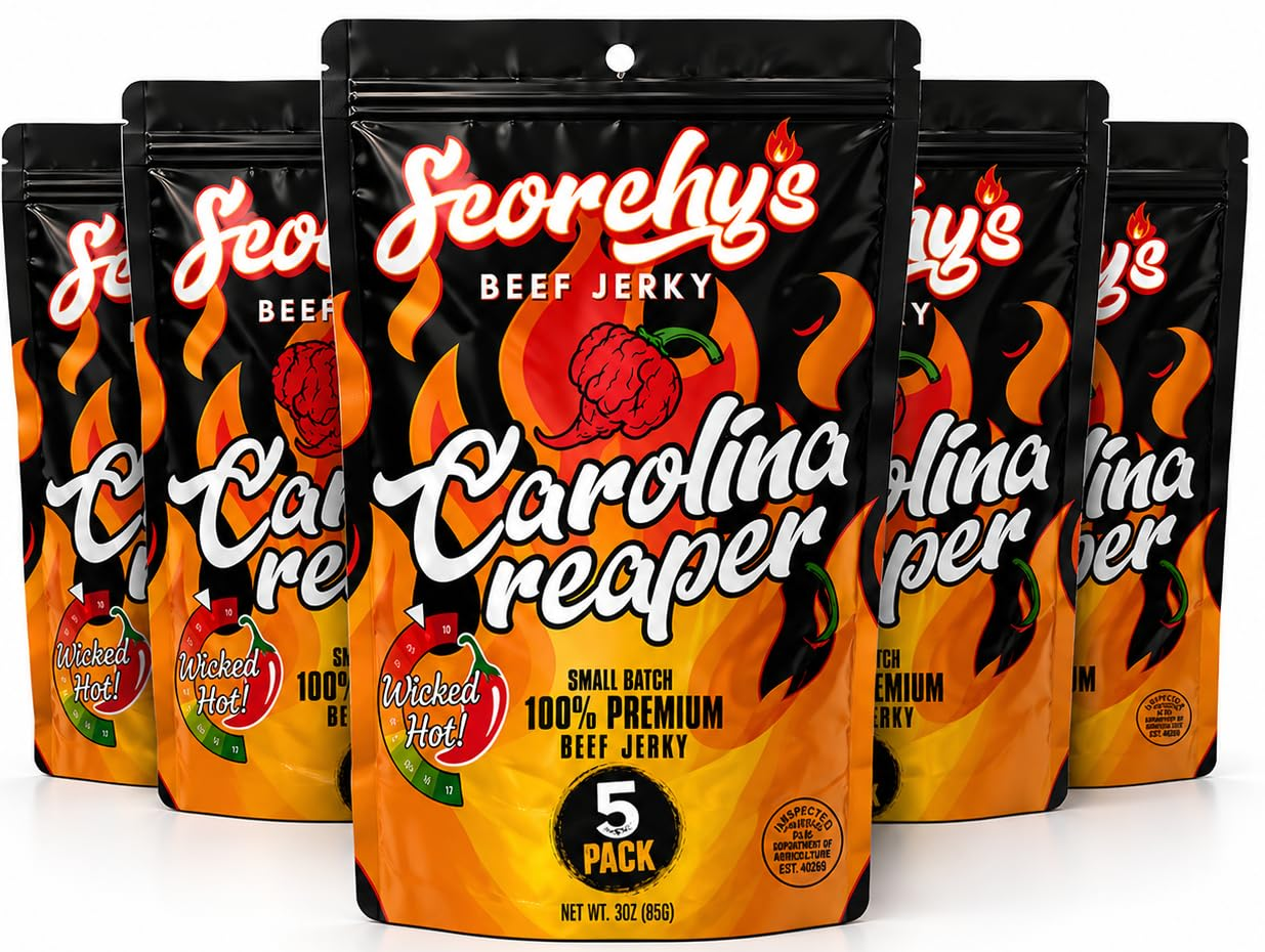 Scorchy's Jerky Carolina Reaper Beef Jerky 5 Pack High Protein Spicy Snack
