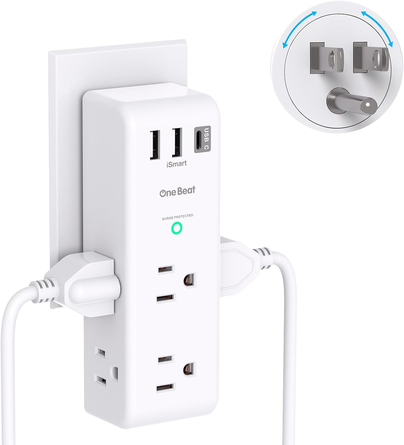 Surge Protector Outlet Extender - with Rotating Plug, 6 AC Multi Plug Outlet with 3 USB Ports (1 USB C), 1800 Joules, 3-Sided Swivel Power Bar with Spaced Splitter for Home, Office, Travel