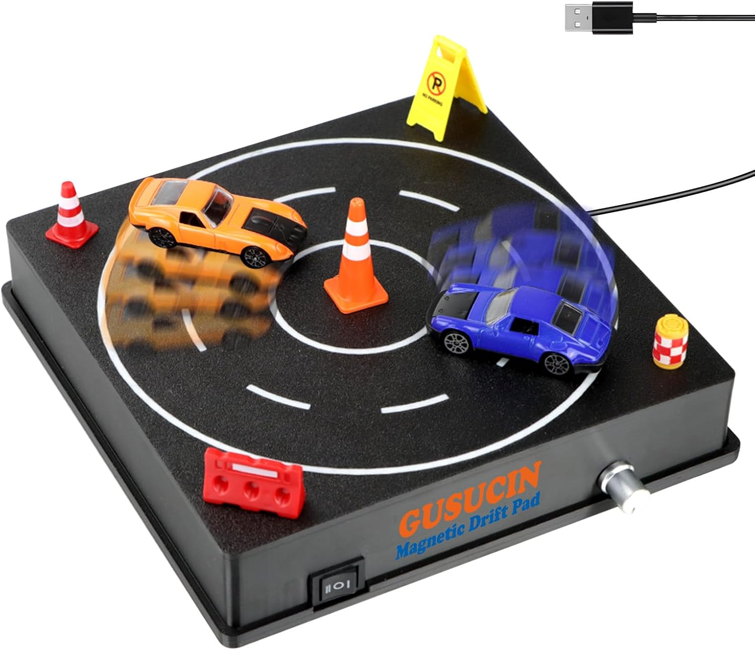 Magnetic Drift Pad for Hot Wheels Cars 1:64 – Spinning Drift Track with Adjustable Speed & Direction, USB Powered Drift Pad with 5 Decorations, Display Stand for All 1:64 Scale Diecast Cars (Black)