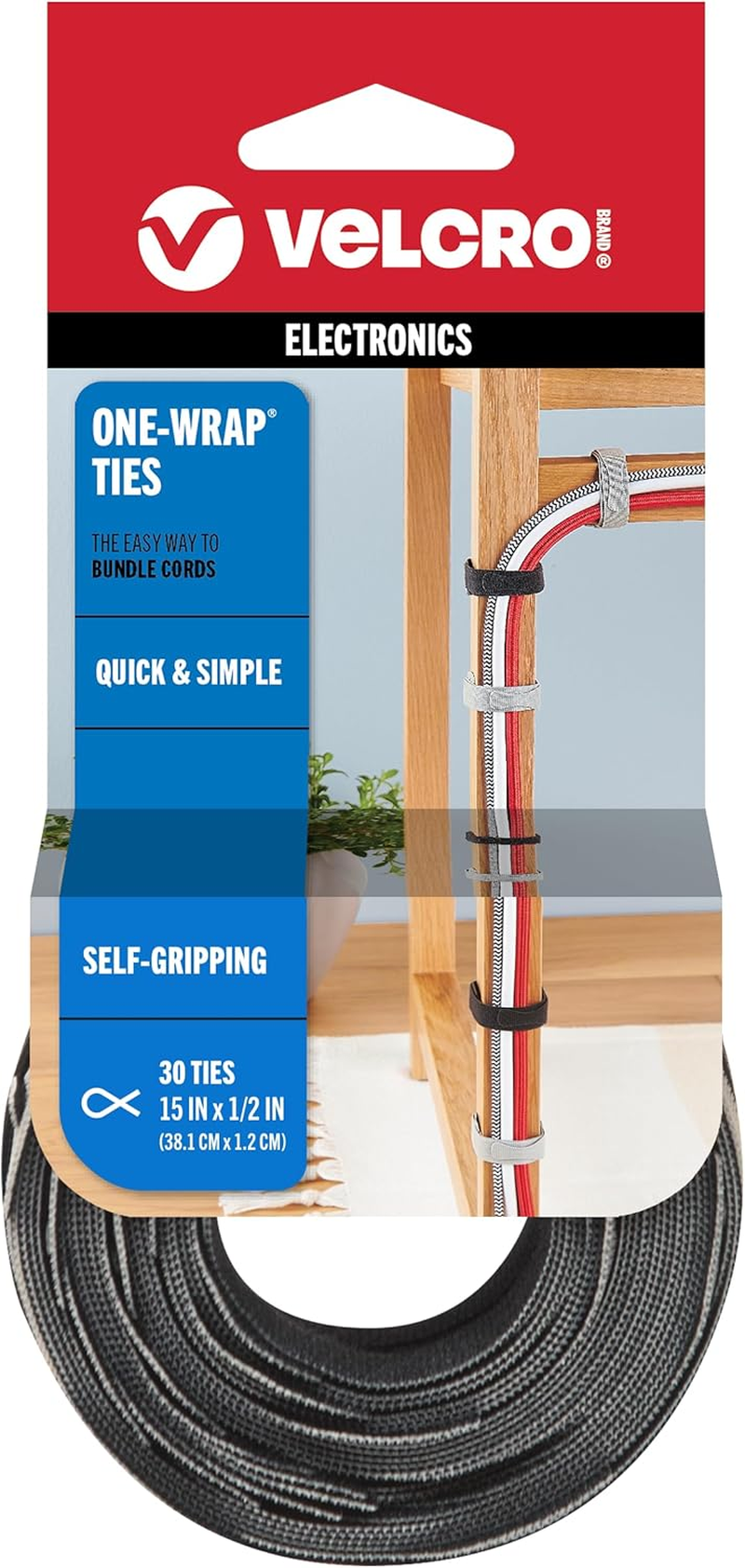 VELCRO Brand ONE WRAP Thin Ties | Strong & Reusable | Perfect for Fastening Wires & Organizing Cords | Black/Gray, 15In X 1/2-Inch | 30 Count (94257)