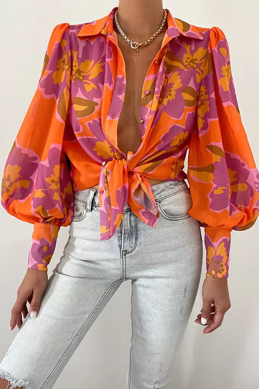 King Mcgreen Star Fashion Lapel Lantern Sleeve Blouses Office Lady Vintage Floral Print Shirts Tops Button up Long Sleeve Shirt