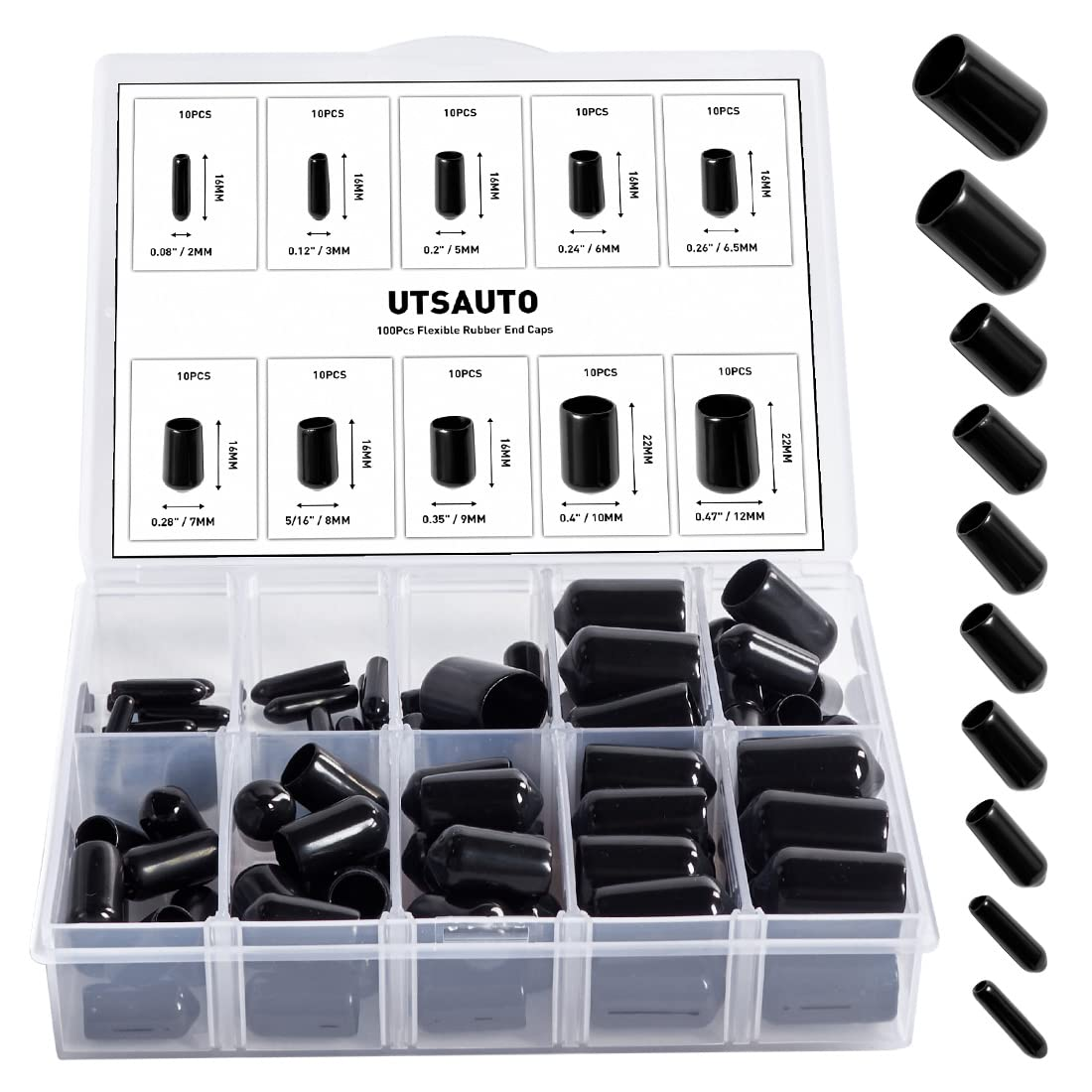 100Pcs Flexible Rubber End Caps 10 Most Popular Size Round Screw Thread Protectors Black Vinyl Blot Protector Safety Caps Kit for Tube Screw Bolt (2mm,3mm,5mm,6mm,6.5mm,7mm,8mm,9mm,10mm,12mm)