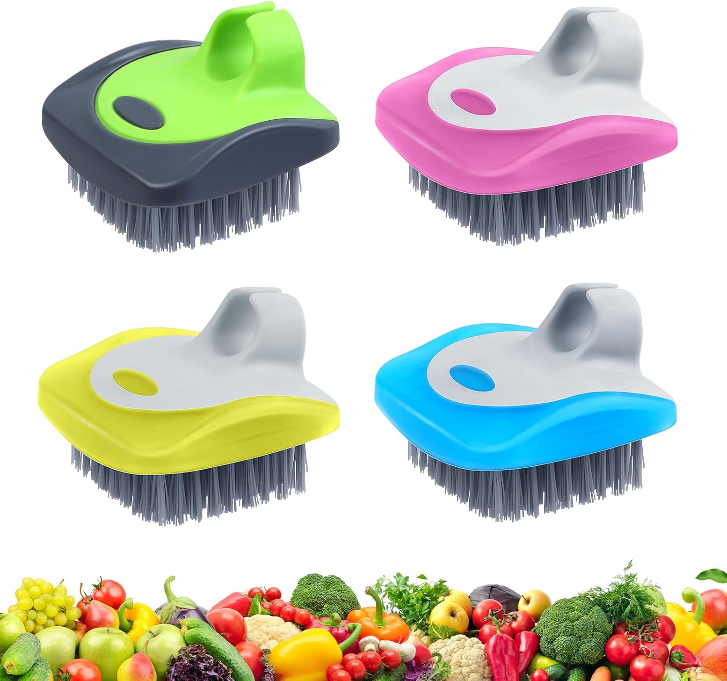 4 Piece Vegetable Brush Potato Scrubber Brush Silicone Hard and Soft Side Fruit Cleaning Tools for Delicate or Tough-Skinned Vegetables