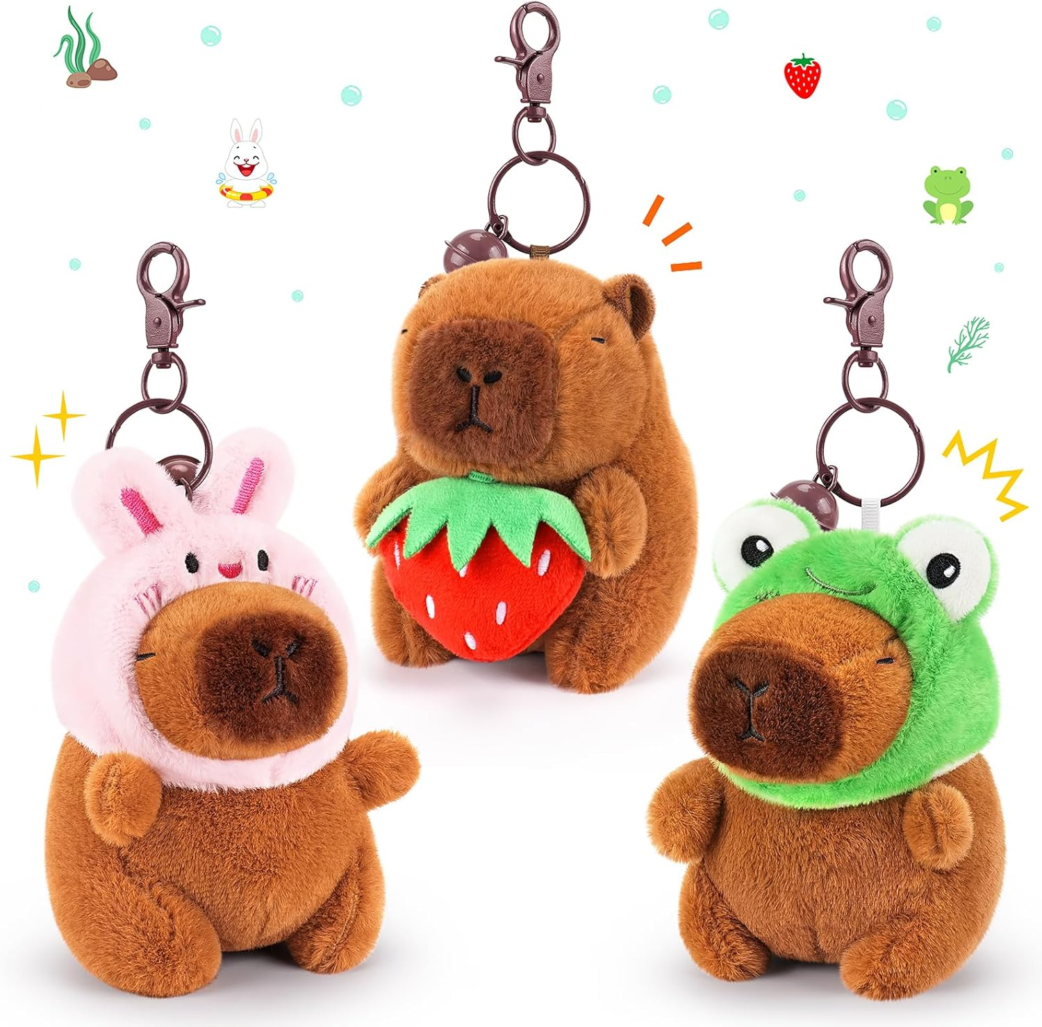 3PCS Capybara Plush Keychain,Cute Keychain Capybara Stuffed Animal,Soft Capybara Plush Toys Key Chain,Plushie Stuffed Toys for Kids Adults Birthday(Bunny Hat,Frog Hat,Holding Strawberry)