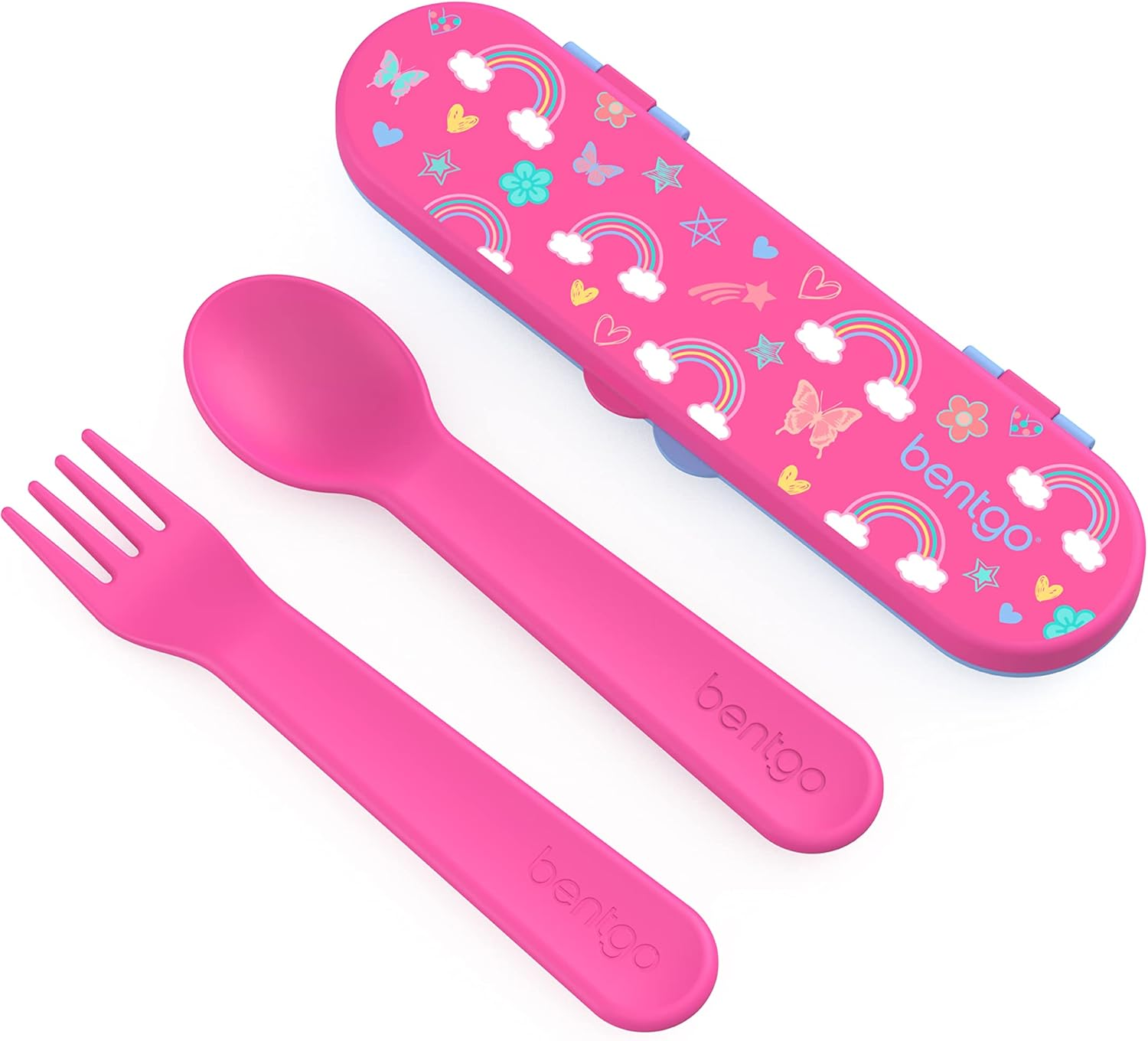 Kids Utensil Set - Reusable Plastic Fork, Spoon & Storage Case Bpa-Free Materials, Easy-Grip Handles, Dishwasher Safe Ideal for School Lunch, Travel, Outdoors (Rainbows and Butterflies)