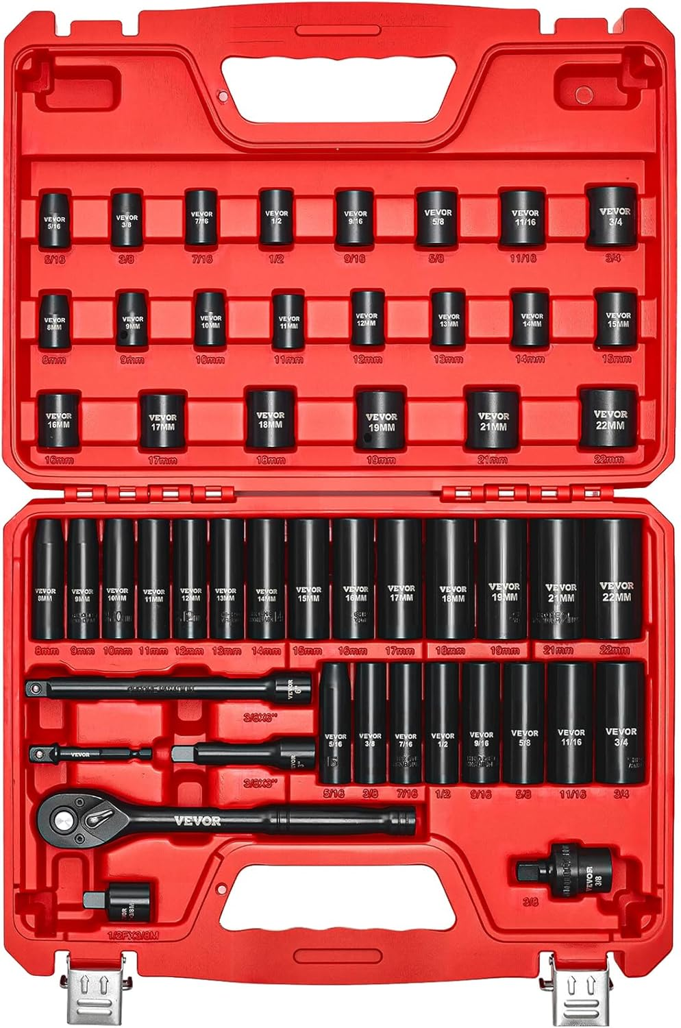 VEVOR 3/8" Drive Impact Socket Set, 50-Piece Standard SAE (5/16 to 3/4 Inch) & Metric (8-22 Mm) Size, Deep & Shallow, 6 Point, CR-V, Ratchet Handle, Extension Bars, Universal Joint, Reducer, Adapter