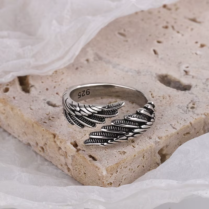 Men's Ring Women Silver Angel Wing Feather Adjustable Ring Jewelry Accessories