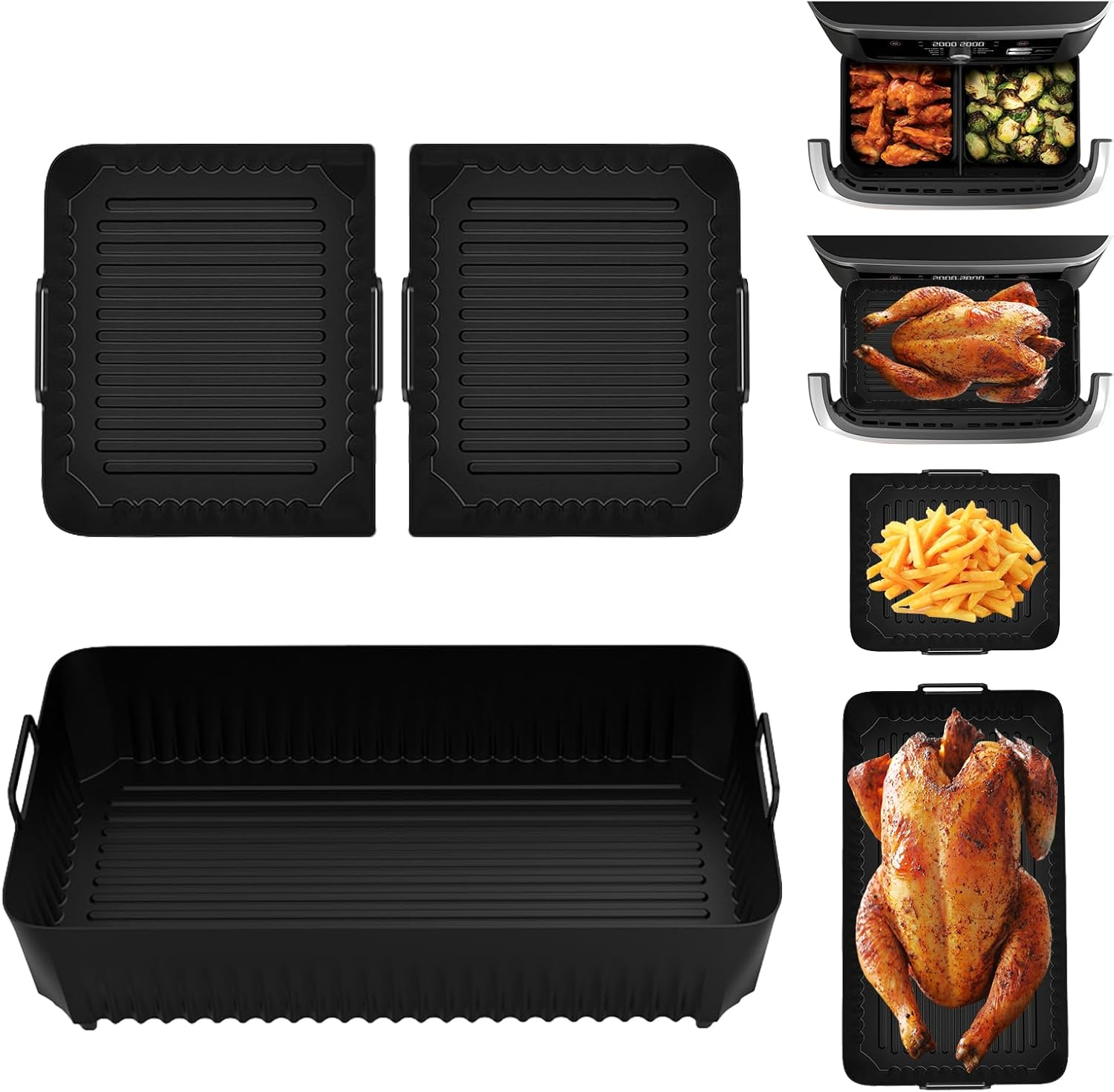 Air Fryer Liners Silicone for Ninja Flex Drawer AF500UK, 3 Pcs Air Fryer Accessories Reusable AF500UK Accessories, Large Airfryer Liners for Air Fryer AF500UK (3 Packs Black)