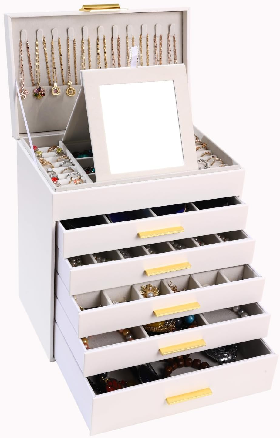6 Layer Jewelry Box for Women, White Jewelry Organizer Box with Necklace Hanger, 5 Drawers Jewelry Box for Sunglasses, Necklace and Bracelet Storage (White, 6 Layer)