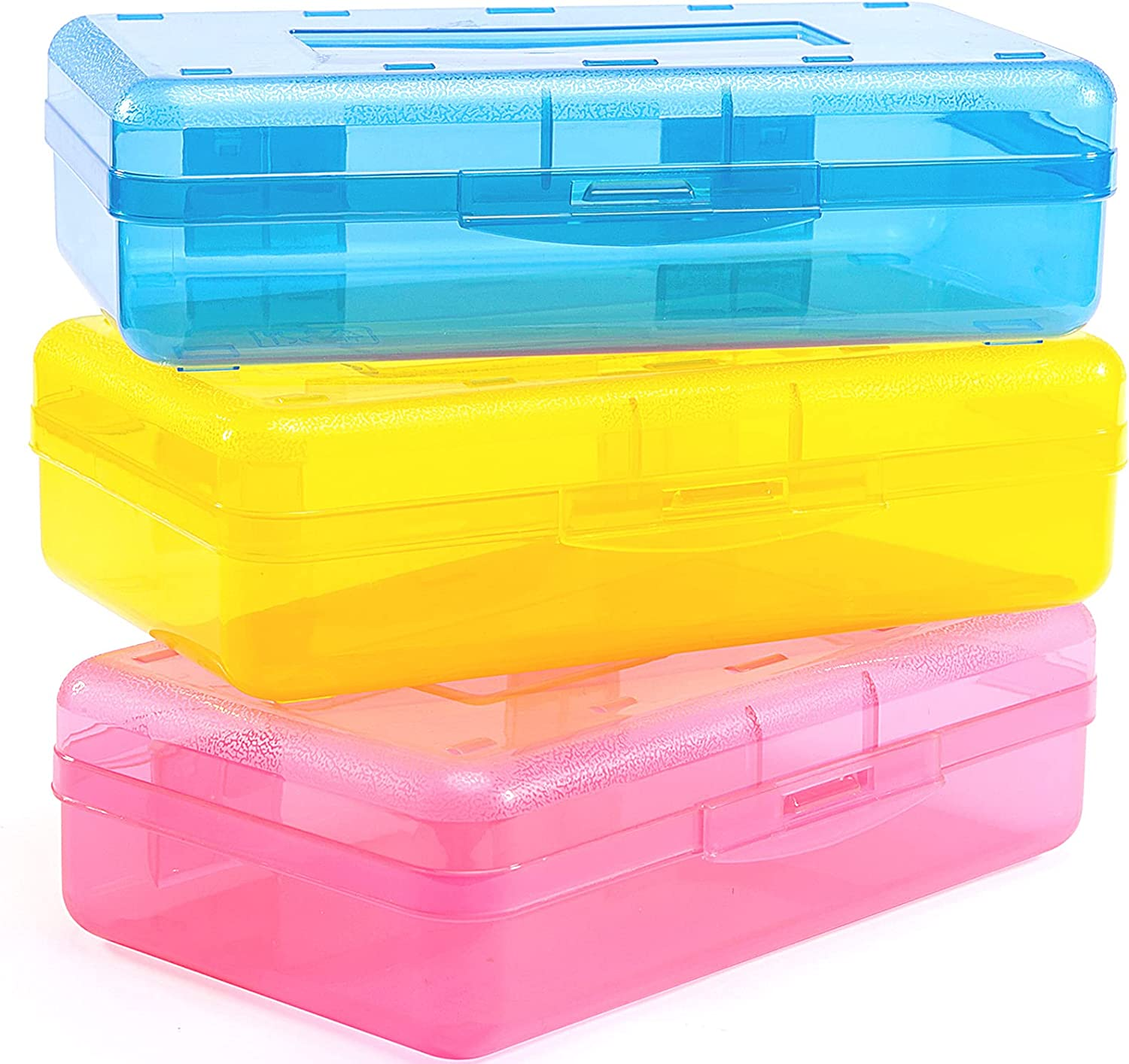 3 Pack Pencil Case, Large Hard Pencil Box Bulk, Clear Crayon Box Marker Pen Organizer, Plastic Storage Container with Snap Lid, Stackable Art Craft Organizer Back to School Supplies, Colorful