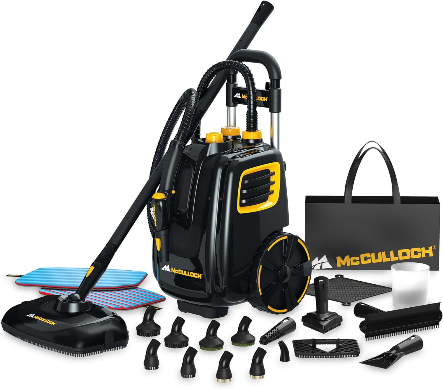 Mcculloch MC1385 Deluxe Canister Steam Cleaner, 2-Hour Runtime, Chemical-Free, 23 Accessories: Mop Head, Brushes & More - Built for Home, Tile, Carpet, Furniture, & Personal Car Detailing