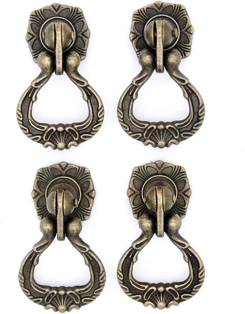 LXZ 4 Pcs Vintage Antique Brass Pendant Ring Pulls Drop Handles Knobs with Single Mounting Hole for Drawer Cabinet Dresser Wardrobe Cupboard (Height 2-11/64