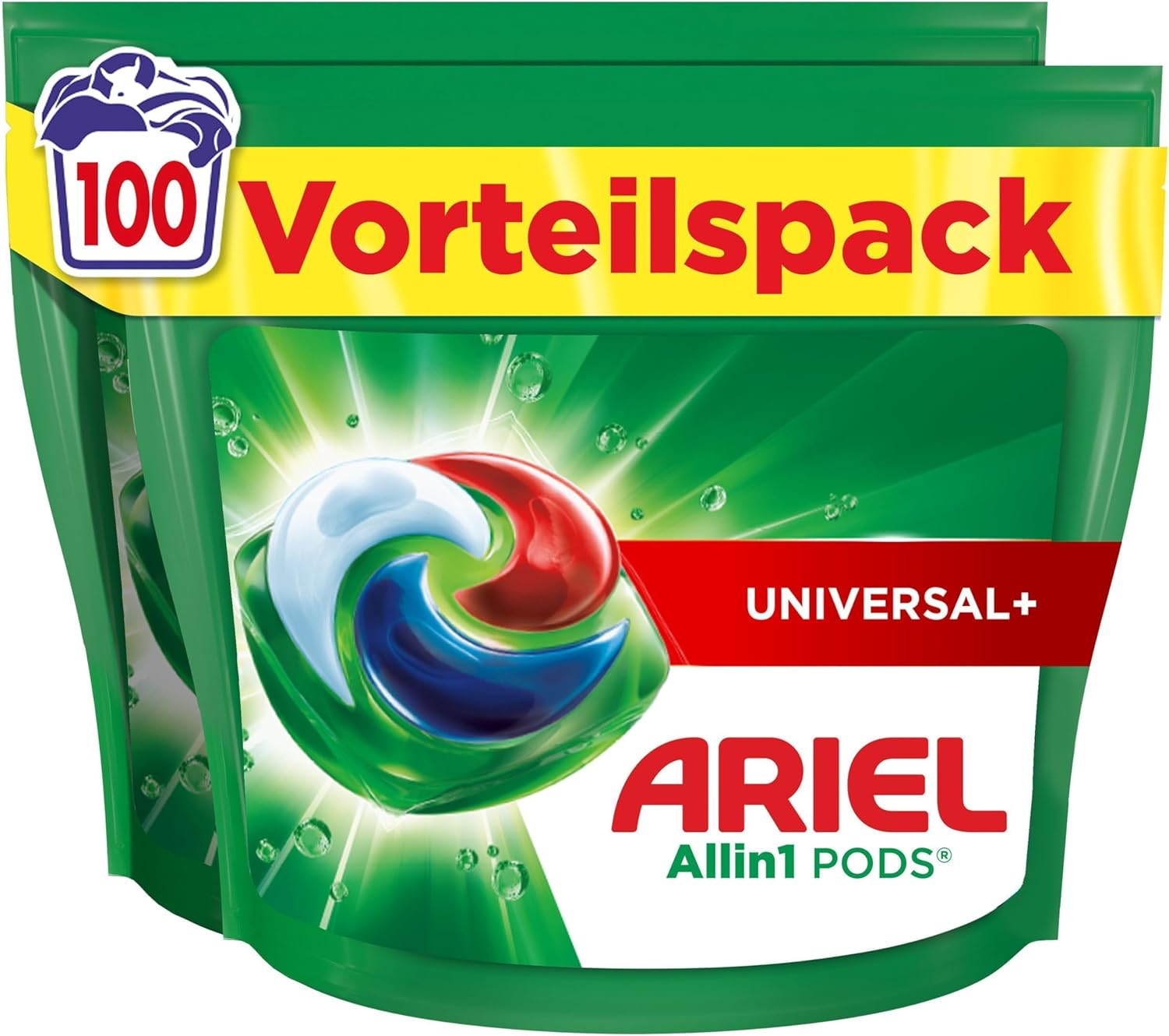 Ariel Waschmittel Pods All-In-1, Flüssigwaschmittel Kapseln 100 Waschladungen, Universal+, Kraftvolle Fleckentfernung Ab Der 1. Wäsche
