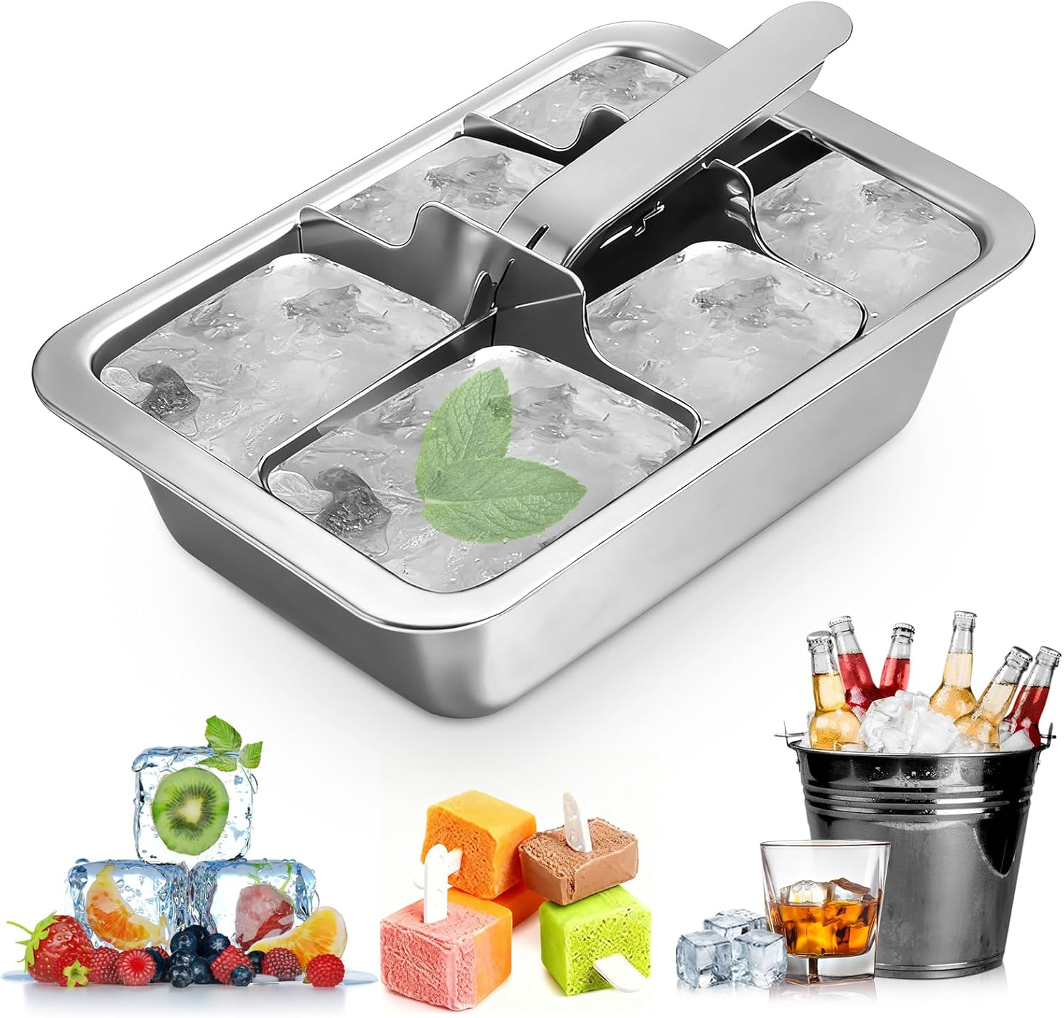 Ice Cube Trays, Large 6-Cube Stainless Steel Ice Cube Trays with Easy Release Levers for Professional Drinkers– Portable Reusable Metal Ice Maker for Family Bar - Send Goods from Local Warehouse