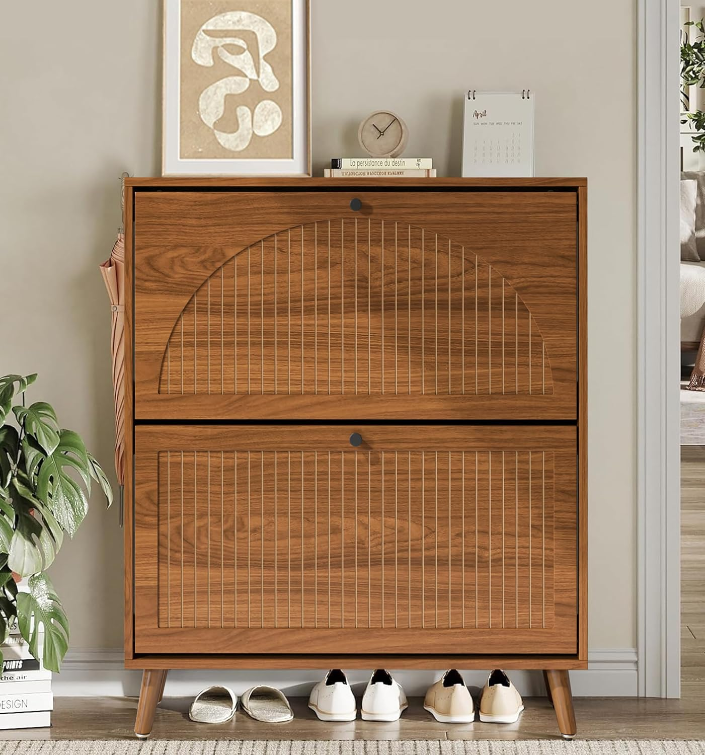 Shoe Storage Cabinet for Entryway with 2 Flip Drawers, Narrow Wood