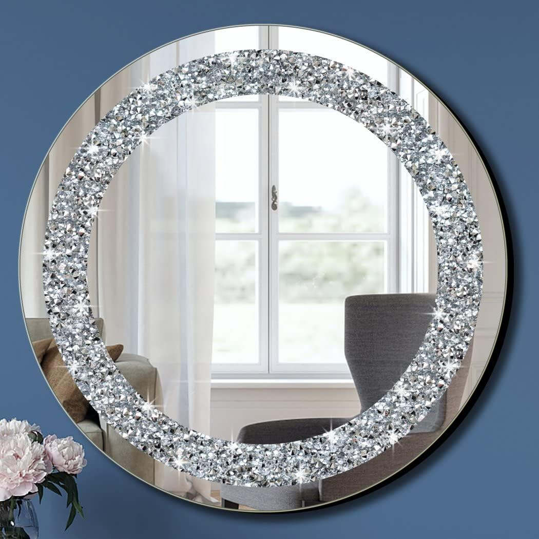 Crystal Crush Diamond Sparkly round Silver Mirror for Wall Decoration 20X20X1 Inch Wall Hang Frameless Bling Stylish Gorgeous Glam Mirror Vanity Home Decor.