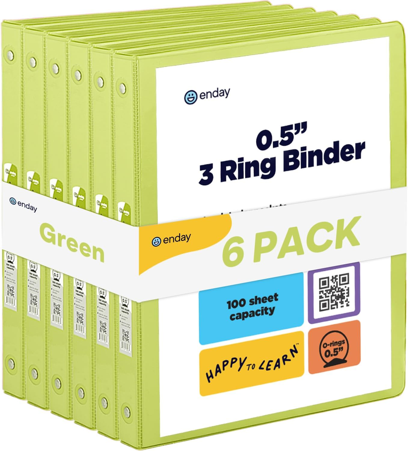 Enday 1/2 Inch Binder 3 Ring Binder (6 Pack - Green) O-Ring Binder with Clear View Cover and 2 inside Pocket - for Letter Size 8.5 X 11'' Paper, Ideal for School Supplies, Office, and Home
