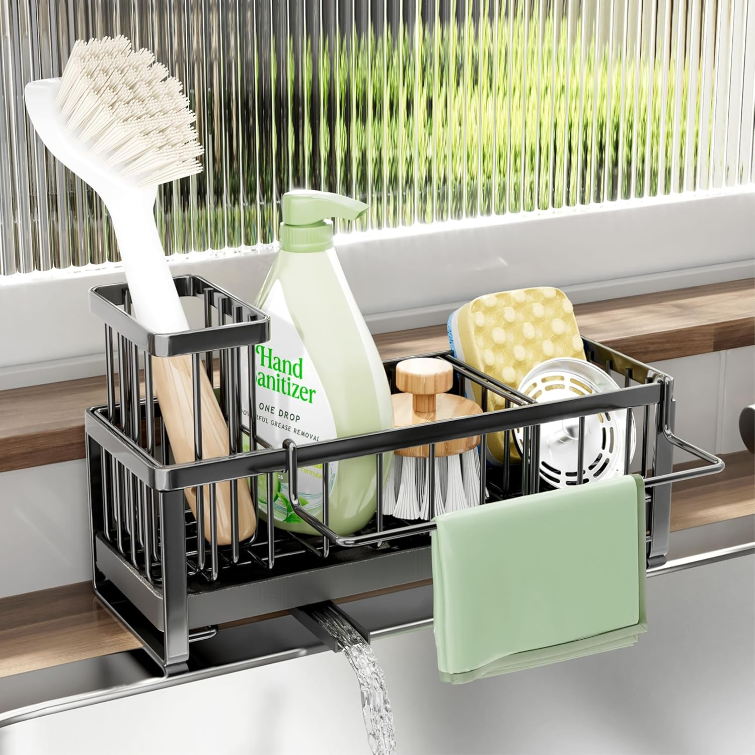 Sponge Holder for Kitchen Sink - Sink Caddy with Brush Holder Self-Draining Sponge Caddy Organizer with Divider Stainless Steel Kitchen Accessories Storage for Countertop, Black