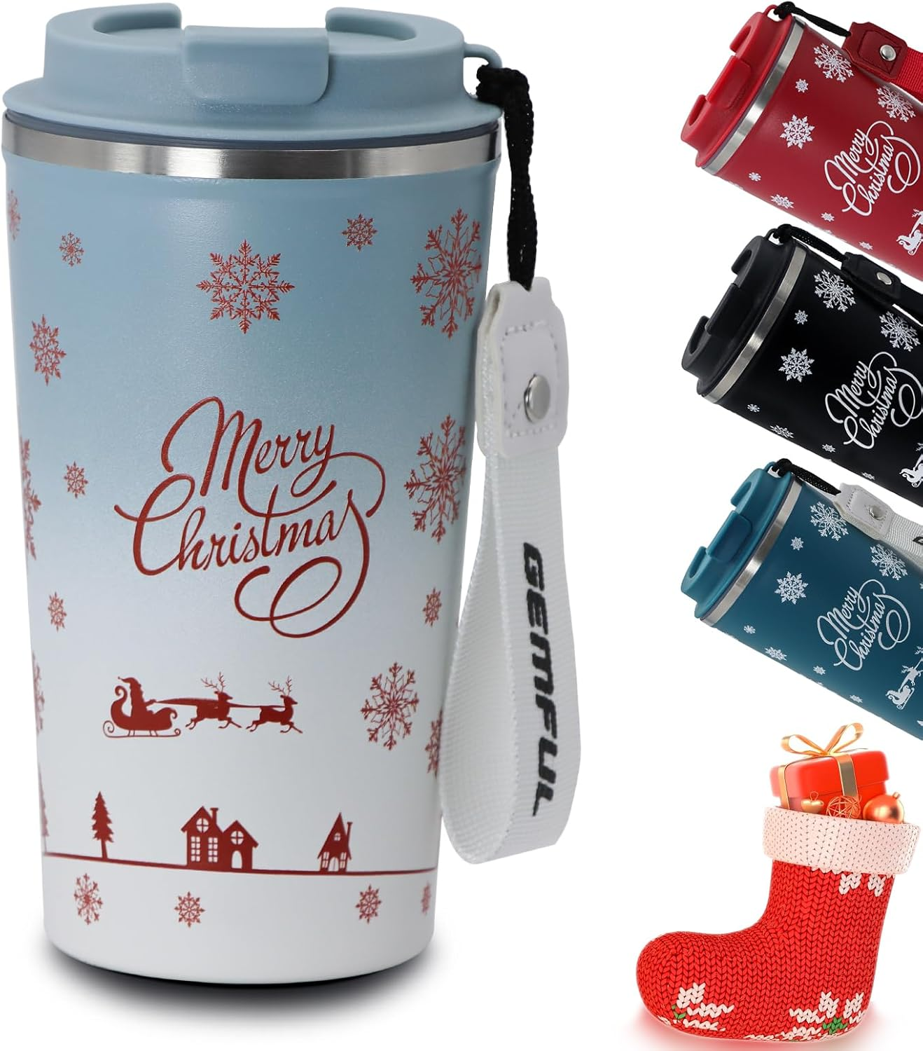 Christmas Coffee Tumbler Insulated Travel Mug BPA Free Screw on Lid 510 Ml Stainless Steel Thermal Leak Proof for Women Friends or Coworker 17 Oz (Blue/White Gradient)
