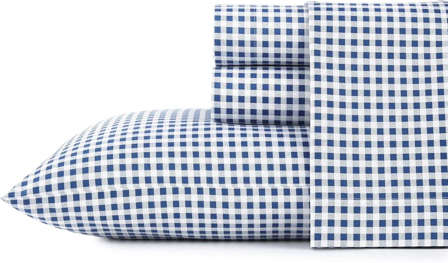 Bed Sheet Set Queen Size Gingham Plaid Pattern 4 Piece Medium Navy Blue Cotton