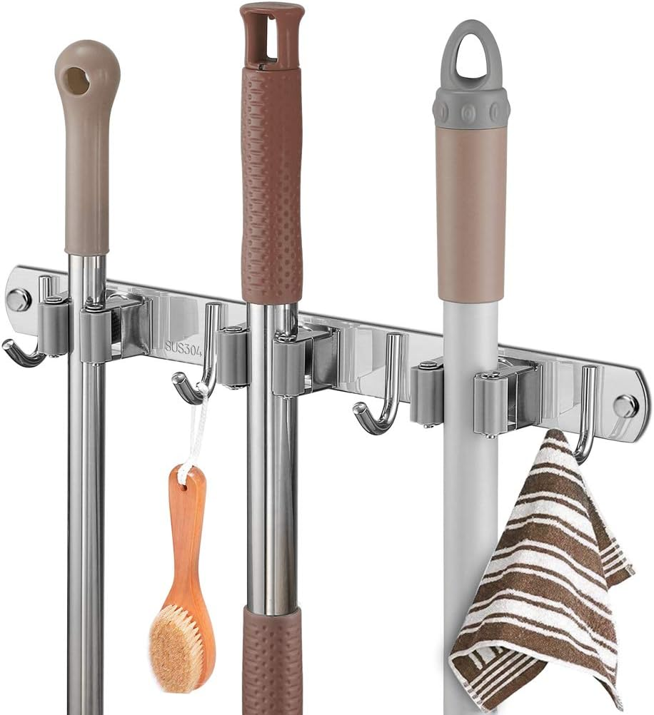 Broom Closet Organizer Wall Mounted, Heavy Duty Stainless Easy Install Broom Mop Holder with 3 Racks 4 Hooks (Grey)