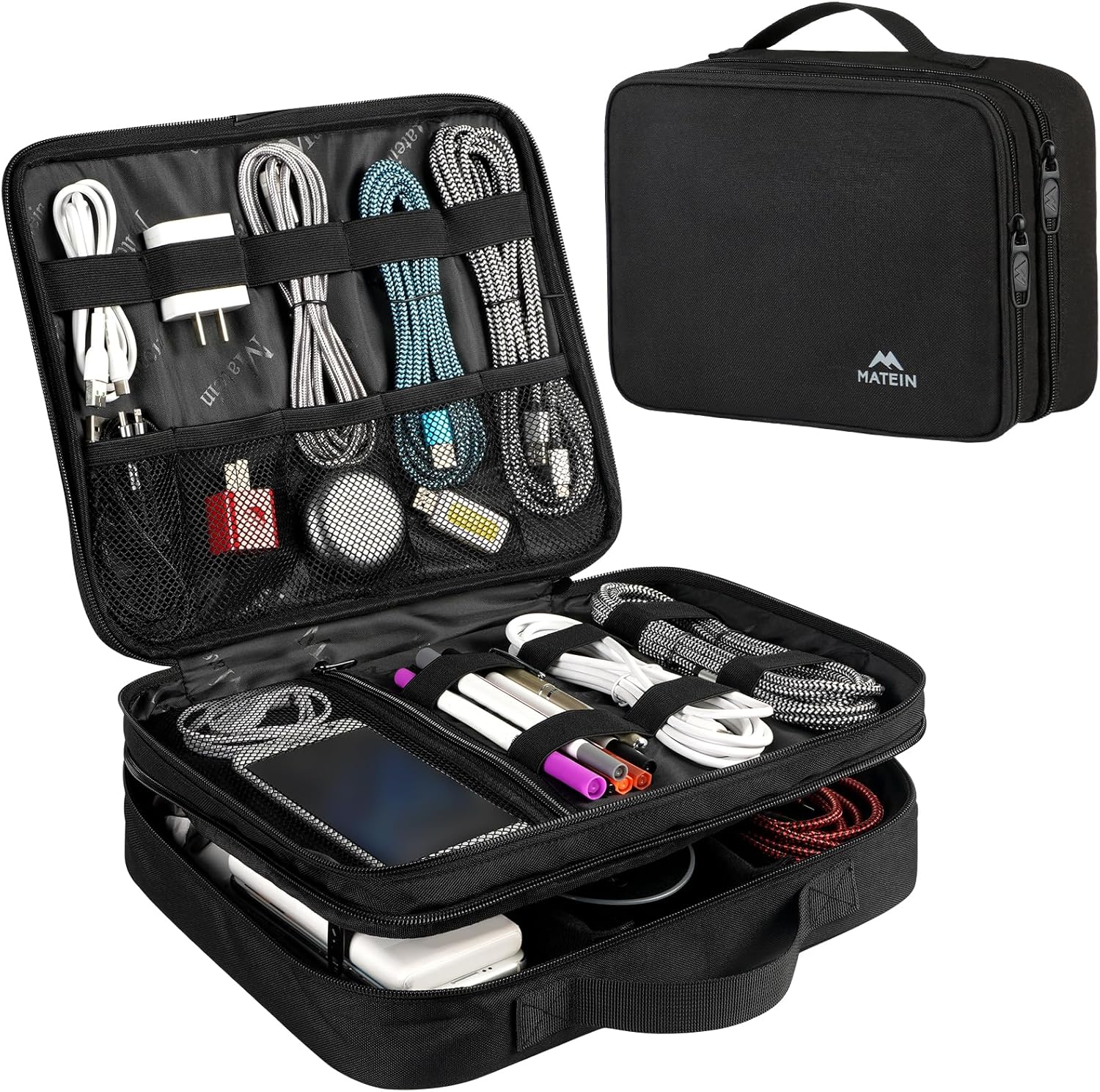 Cable Organizer Bag, Large Travel Storage Bag, Sturdy Tool Case | with Handle, Carrying Case for Phone, Cord, Electronics Accessories, Tablet (Up to 12.9Inch), Powerbank, Hard Drive, Black