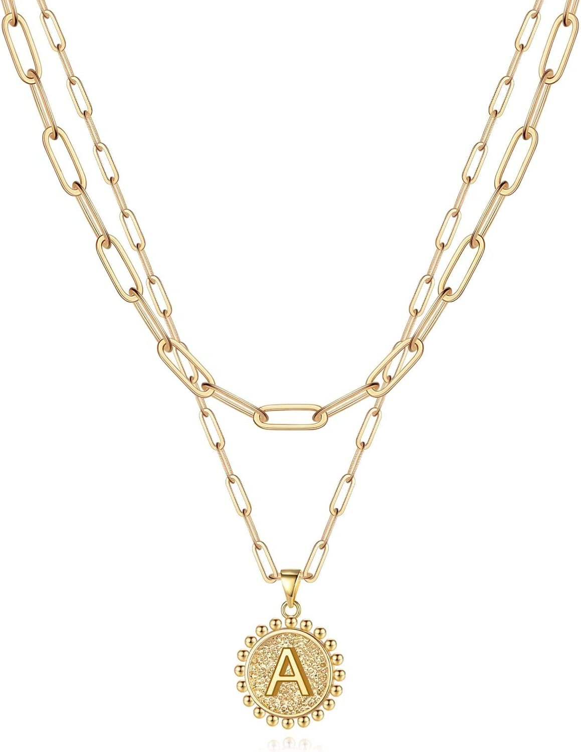 Gold Initial Necklaces for Women, 14K Gold Plated Dainty Layering Paperclip Link Chain Necklace Coin Initial Layered Necklaces for Women Personalized Birthday Gifts