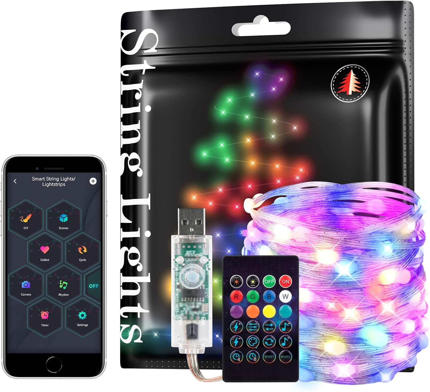 RGB IC WS2812B USB Twinkle Smart Fairy Light String 32.8FT 100Pixel Transparent Wire Music Bluetooth Mesh APP IR Remote DIY Control Sync Color Chasing IP65 for Christmas Tree Bedroom DC5V