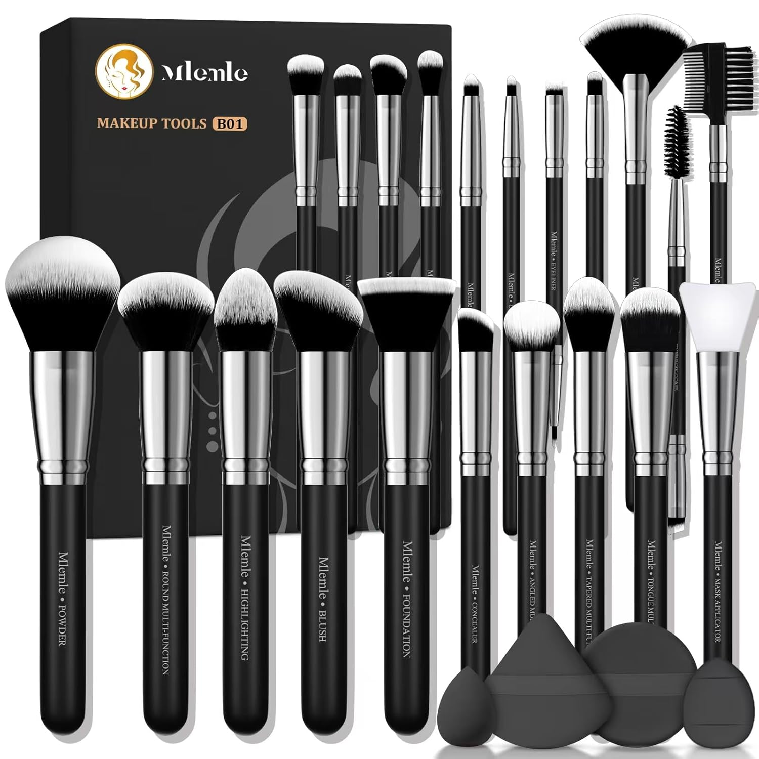 Makeup Brushes Set, Professional 25 Pcs Makeup Kit, Include Foundation Powder Blush Concealers Eye Shadows 21 Pcs Makeup Brushes and 2 Powder Puff, 2 Makeup Sponge(B01-Black)