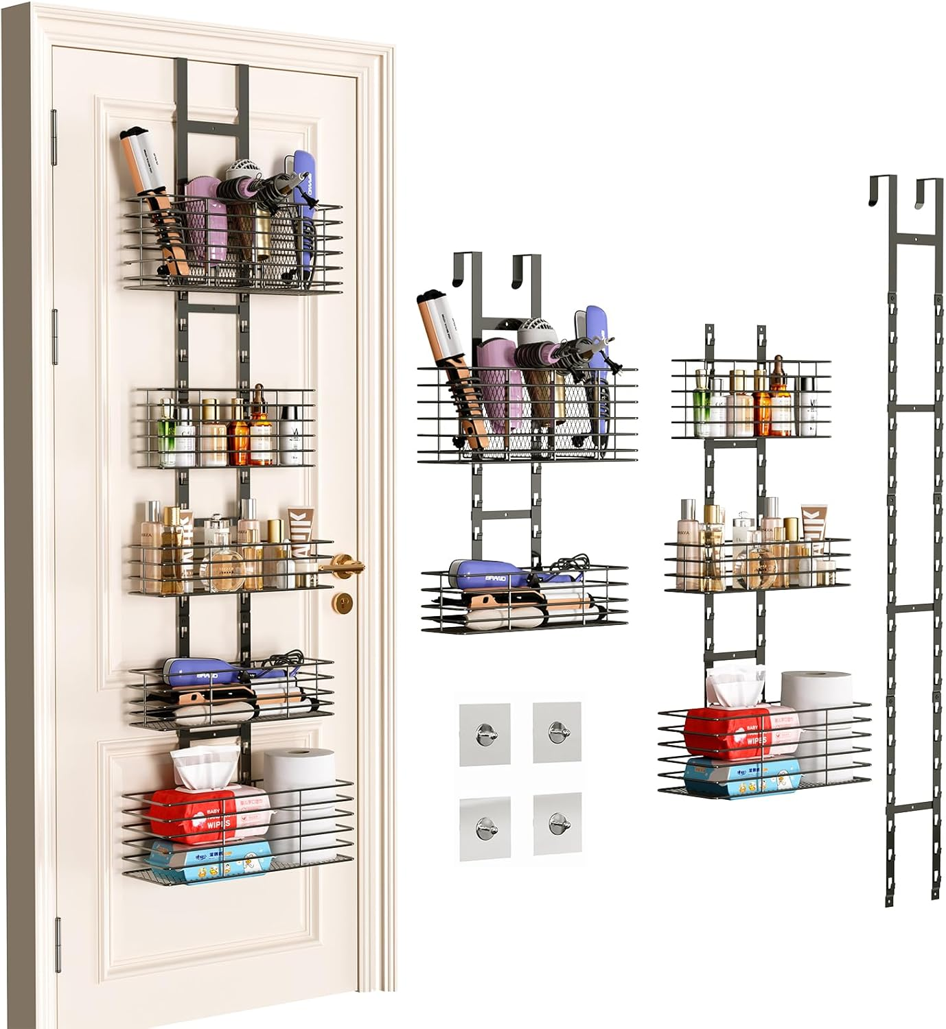 5-Tier over the Door Organizer Bathroom - Hair Dryer Holder - Hair Tool Organizer Adjustable Height, DIY Bathroom Storage Shelf Wall Mounted for Flat/Curling Irons, Straighteners, Skincare