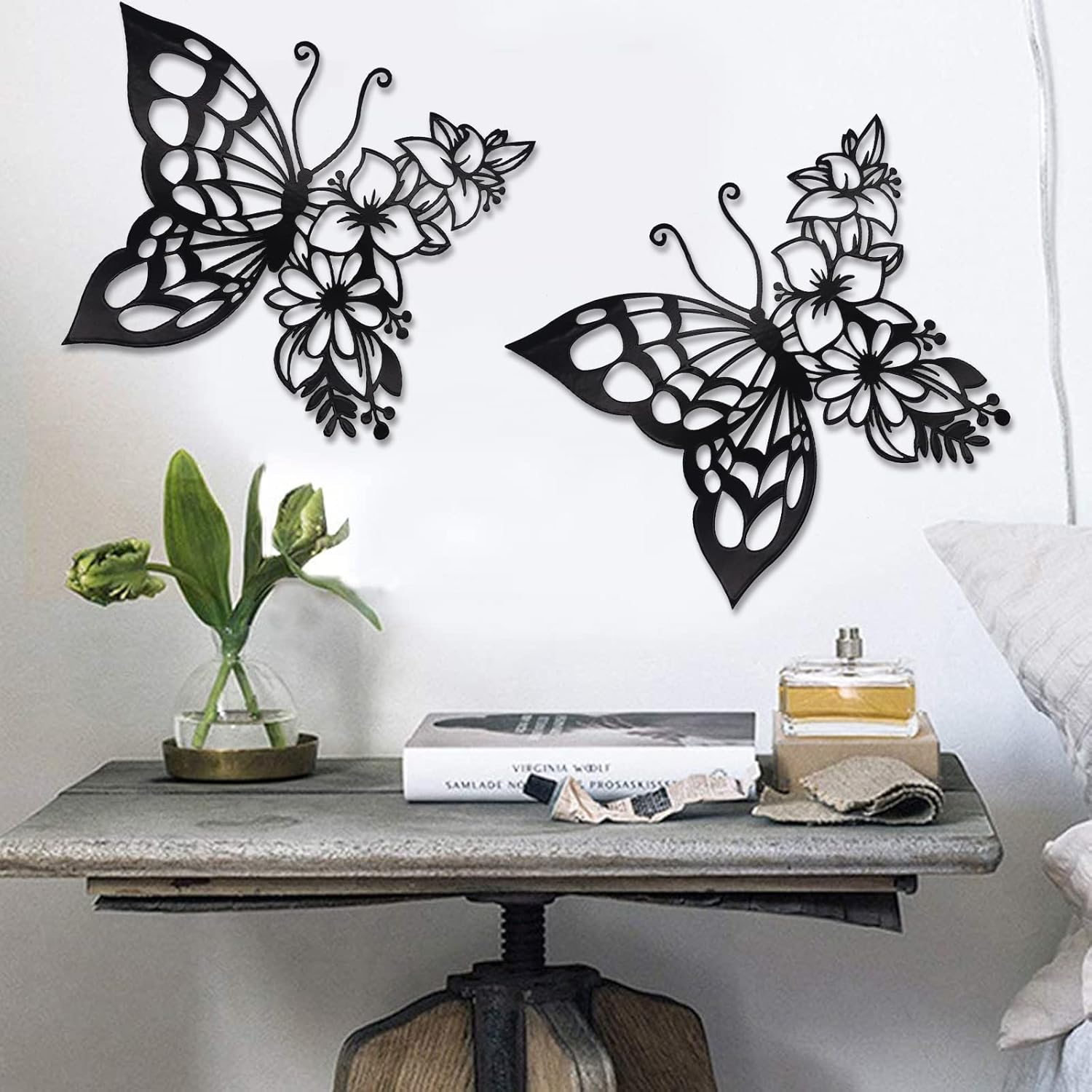 2PCS Butterfly Decoration Wall Art Boho Wall Home Decor Hanging Appearance Wall Decor Metal Hanging Butterfly Decor Flower Wall Art for Bedroom Living Room Home Wall,Black(Large)
