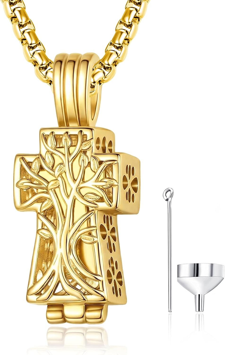 Patron Saint Cross Urn Necklace 14K Gold Cremation Jewelry for Ashes, Religious Memorial Gifts for Men with 2.5Mm 22"+2" Rolo Chain