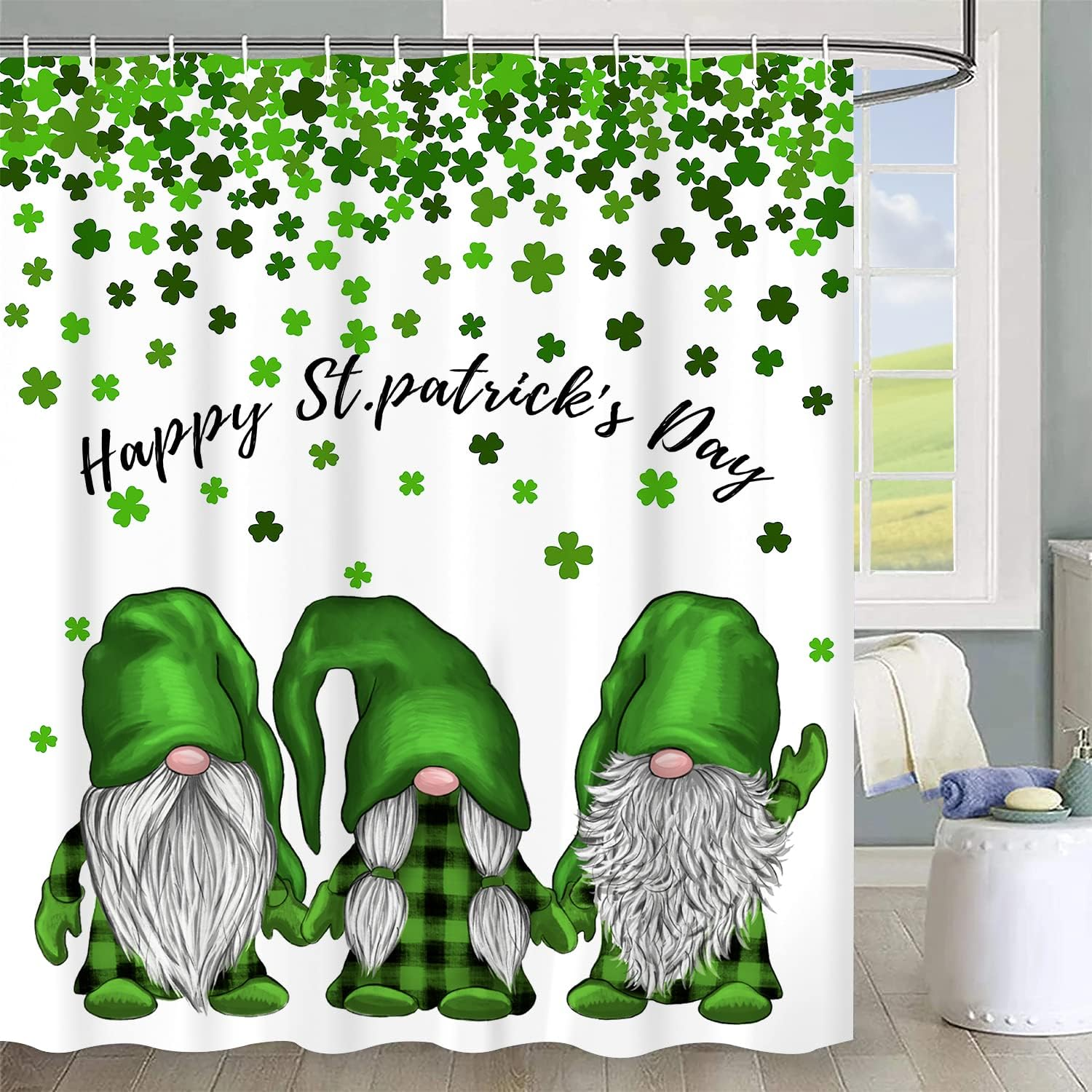 Happy St Patrick's Day Gnome Shower Curtains Green Clover Shamrock Waterproof Bath Curtain Spring Shower Curtain for Bathroom Decor with Hooks 72x72 Inch
