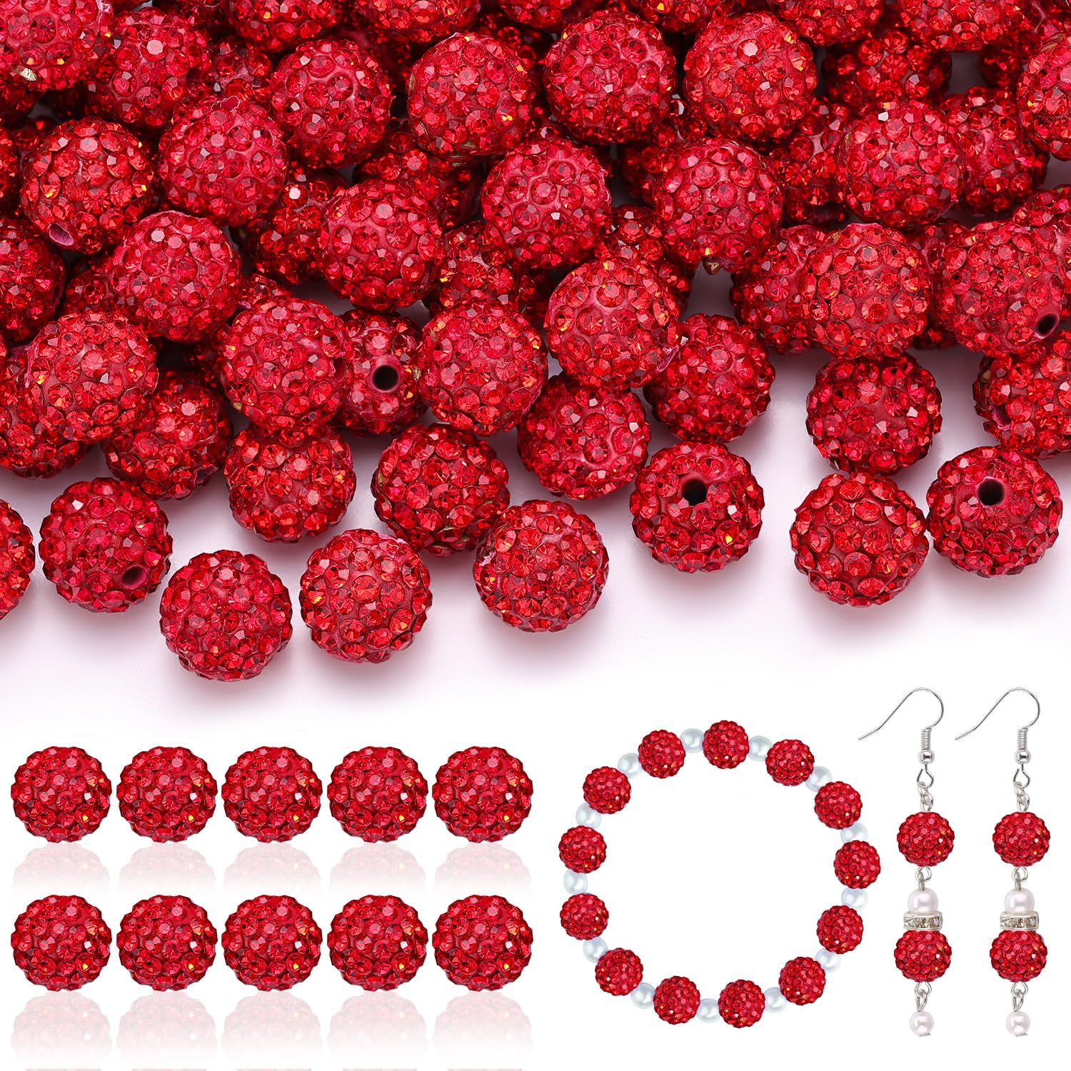 105pcs 10mm Rhinestone Beads for Jewelry Making, Red Shiny Round Disco Ball Beads Bulk, Sparkle Crystal Clay Christmas for Bracelet Baseball Necklace Earring Crafting and DIY