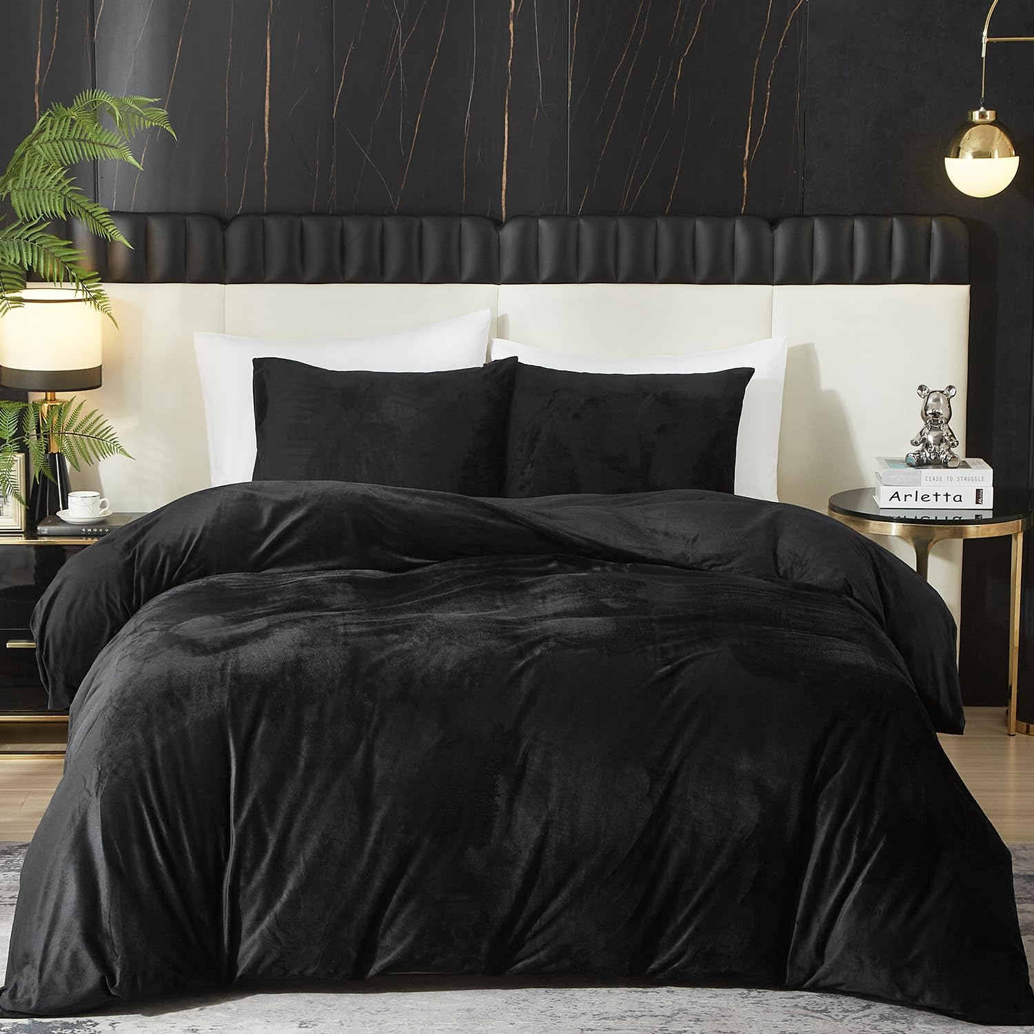 Velvet Duvet Cover Set Black Duvet Cover Queen Size 3Pcs Ultra Soft Comforter Cover Breathable Solid Luxury Flannel Velour Duvet Cover Zipper Closure Corner Tie