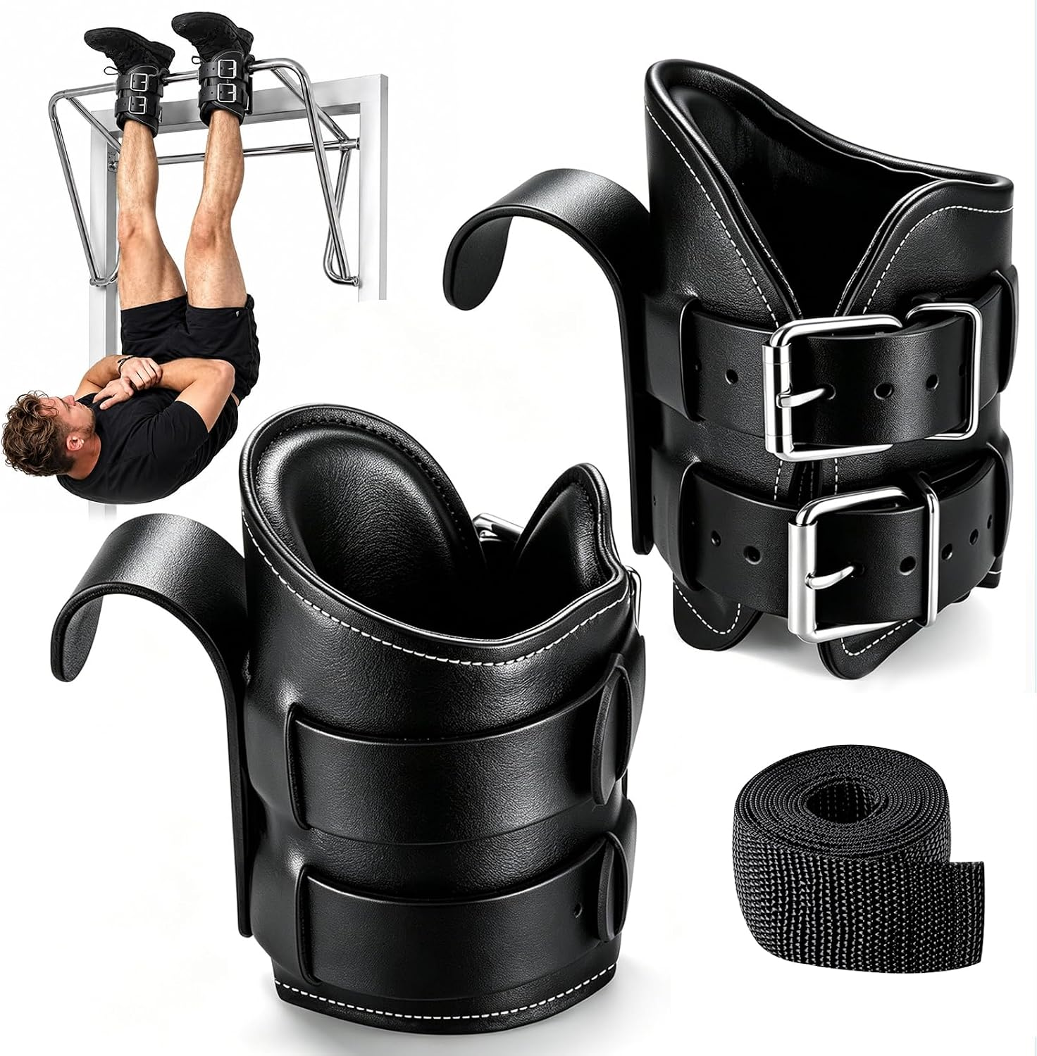 Gravity Inversion Boots for Back Pain Relief, PU Leather Cushioned Ankle Support with Adjustable Double-Lock Buckles, Hanging Inversion Boots for Pull up Bar, Spine Decompression & Core Training