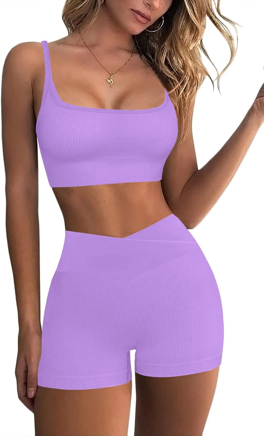 Workout Sets for Women Two Piece Sexy Summer Sports Bra and Crossover Shorts Matching Workout Set