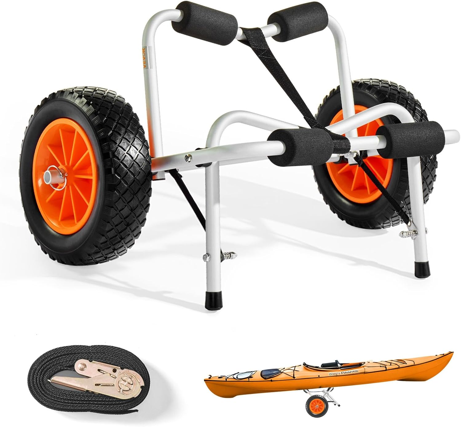 250 Lbs Kayak Cart, Foldable Kayak Trolley with 10-Inch Solid Rubber Tires & 1 Ratchet Strap, Paddle Board Trolley for Carrying Kayaks, Canoes, Paddleboards, Float Mats, Jon Boats