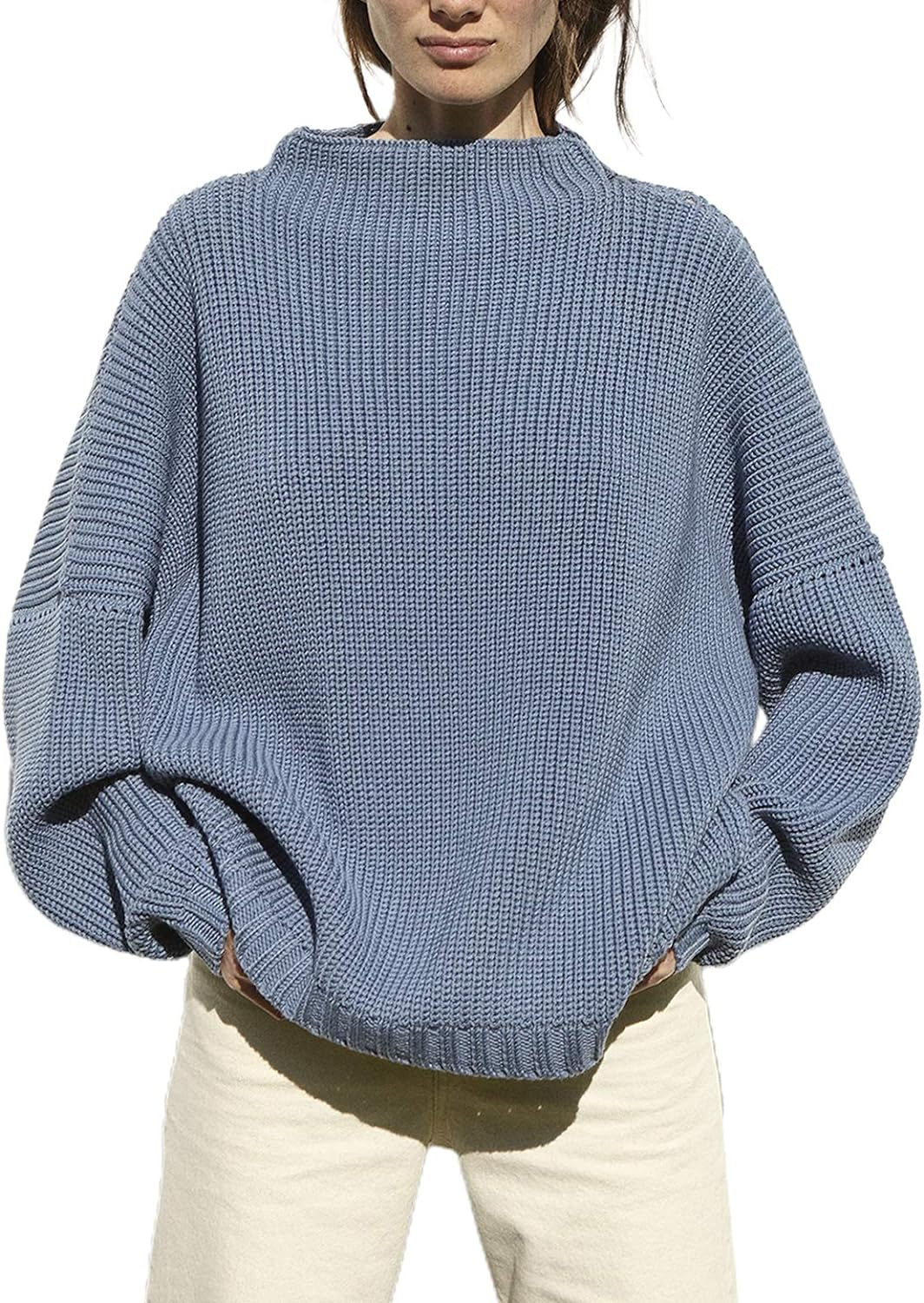 Women Oversized Knit Sweater Batwing Sleeve Mock Neck Chunky Pullover