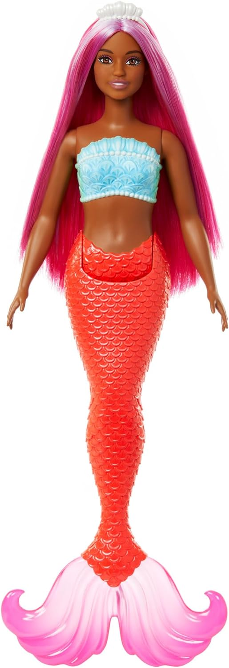 Mermaid Doll with Magenta Fantasy Hair & Headband Accessory, Curvy Body Type with Shell-Inspired Bodice & Tropical Red Tail