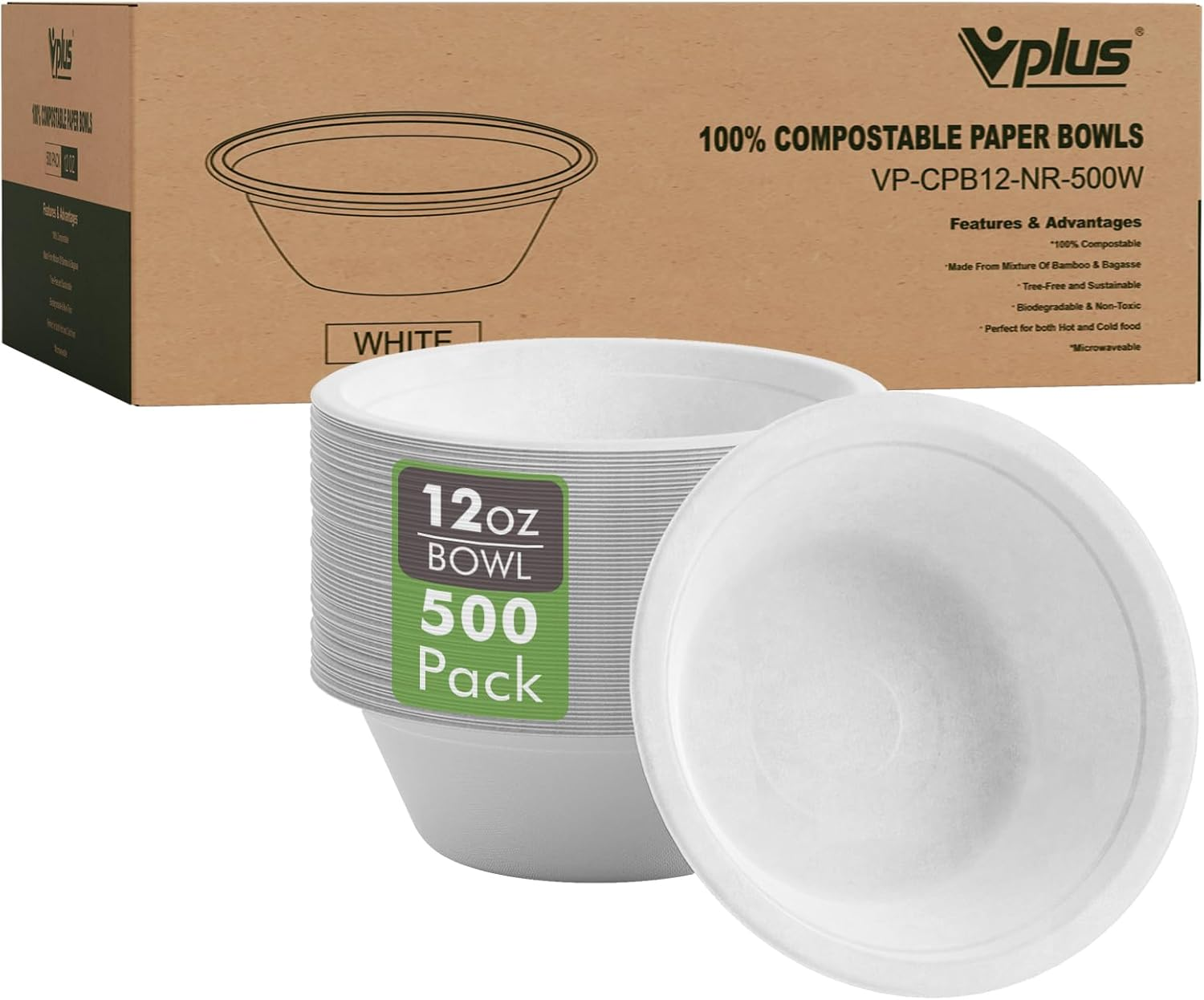 Vplus 500 Pack 12 OZ Paper Bowls Bulk, Disposable Compostable, Eco-friendly  Baga | eBay