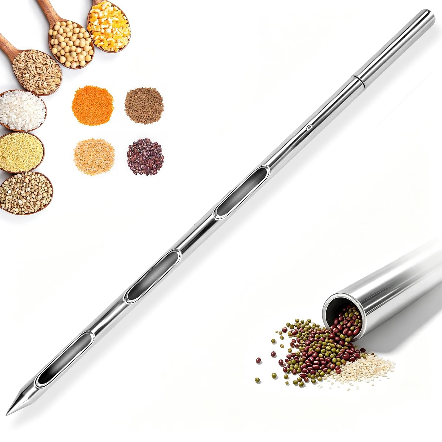 Grain Probe Sampler – 304 Stainless Steel Double Tube Rotary Tool for Powder, Fertilizer & Feed, Three Zone Portable Slot Probe for Corn, Wheat, Rice, Soybeans (39.5 Inches) (39.5 Inches)