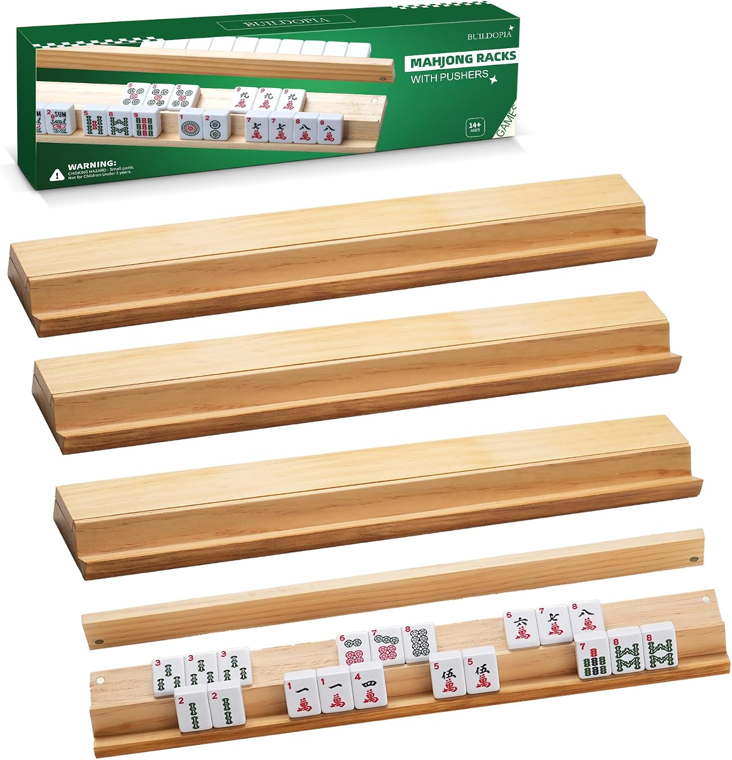 Wooden Mahjong Racks with Magnetic Pushers – Set of 4, Solid Wood