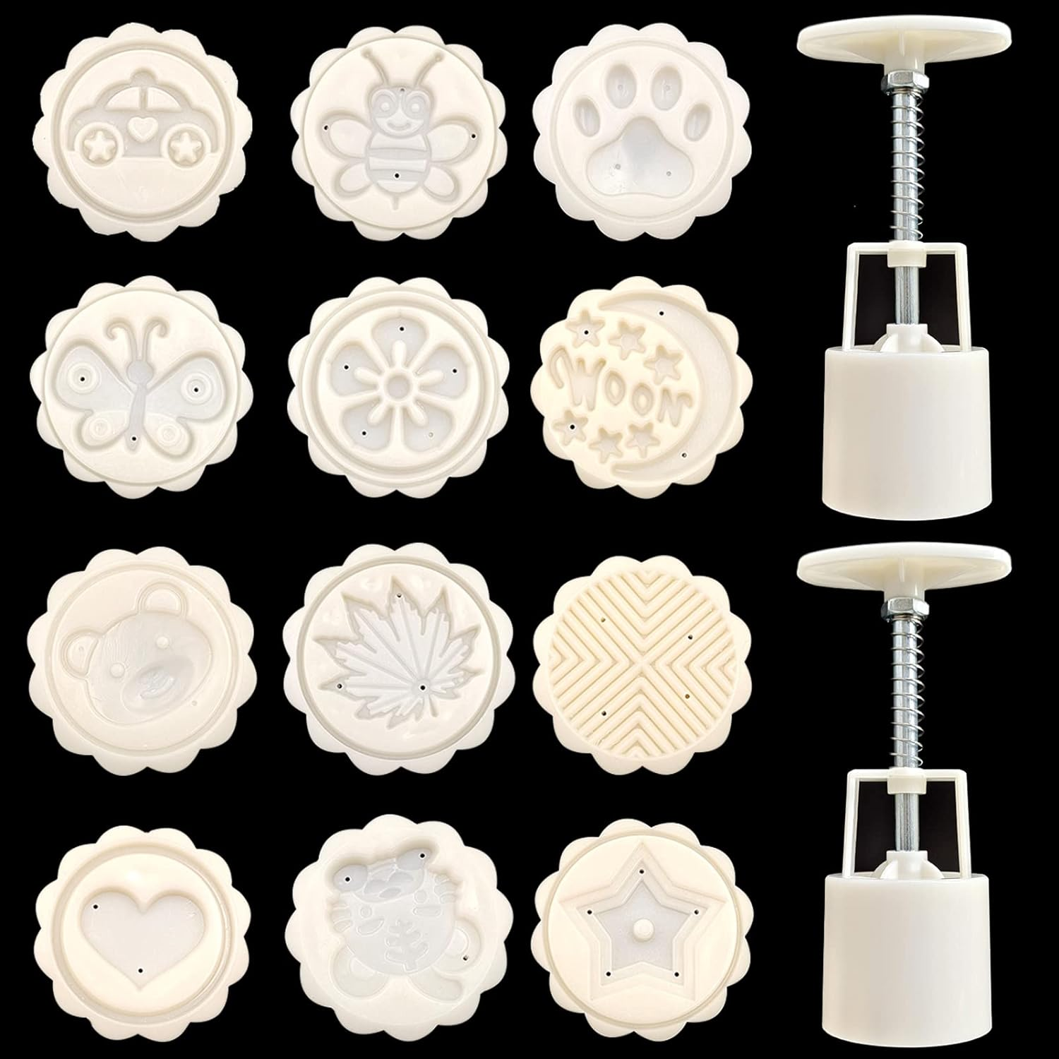 14 PCS Bath Bomb Mold Set Includes 2Pcs Bath Bombs Press and 12Pcs Different Pattern Stamps for Making DIY Bath Bombs Tools, Moon Cake Making for Mid-Autumn Festival Press (Style 2)