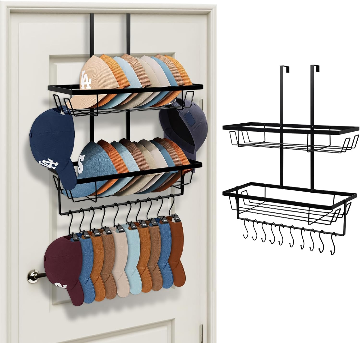 Hat Organizer for Baseball Caps, Multi-funcitioonal Hat Rack Over the Door Stainless Steel, Hanging Baseball Cap Organizer Storage with Hooks for Door, Dorms, Bedroom, Living Room