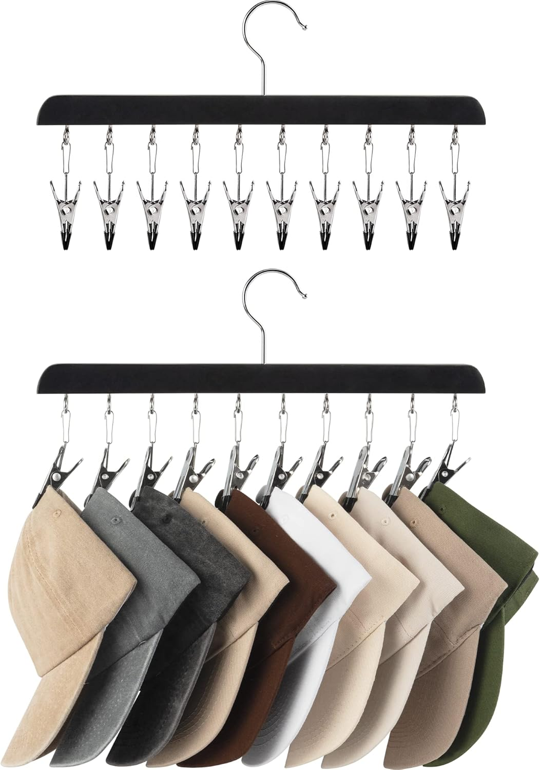 Hat Rack, Closet Organizer and Storage for Baseball Caps,Set of 2 with 10 Adjustable Stainless Steel Clips, Fits All Caps, Black