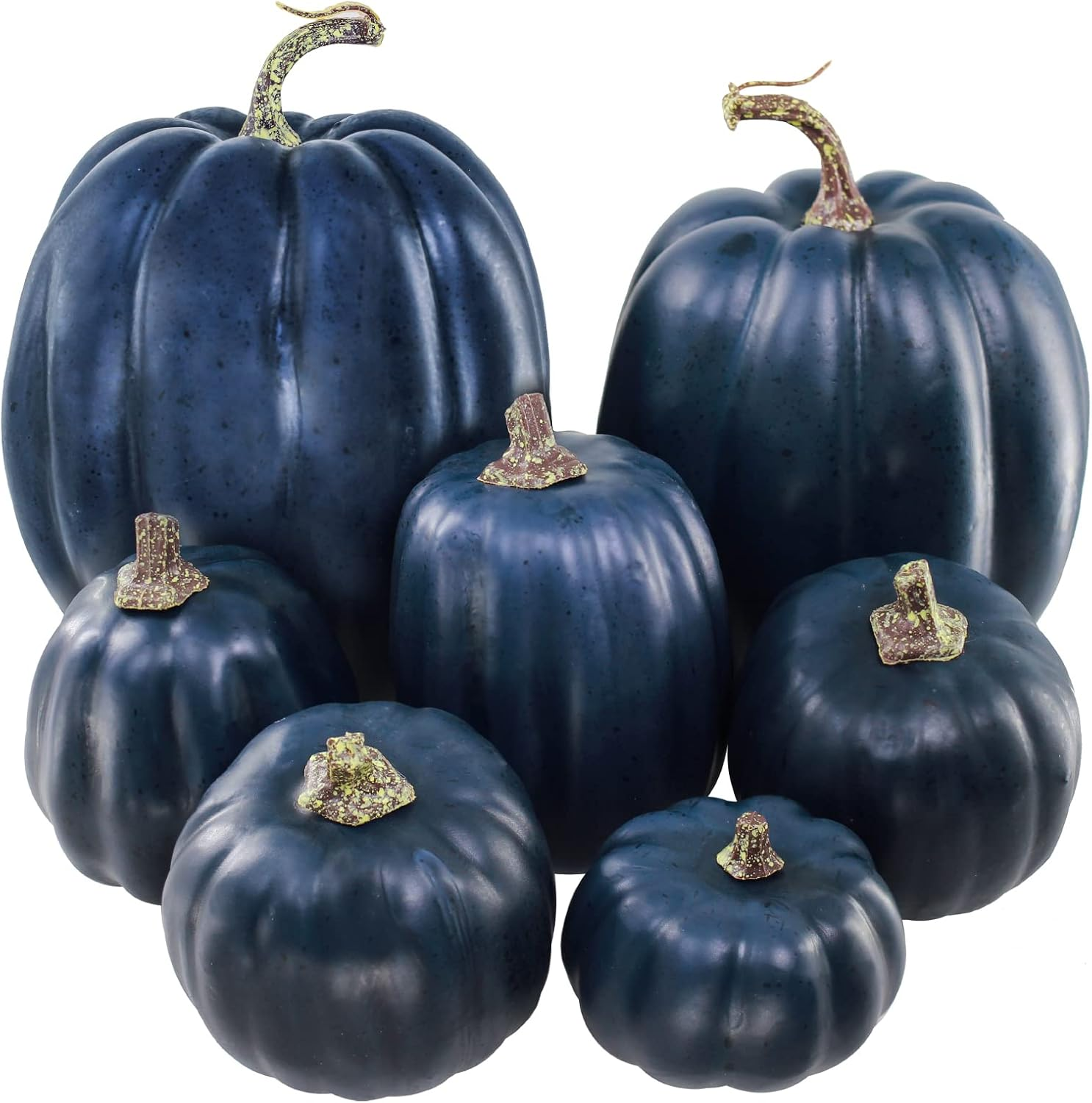Winlyn 7 Pcs Assorted Sizes Navy Blue Artificial Pumpkins Decorative Dark Blue Pumpkins Faux Foam Pumpkins for Gifts Fall Baby Shower Thanksgiving Halloween Table Centerpiece Shelf Mantel Decoration