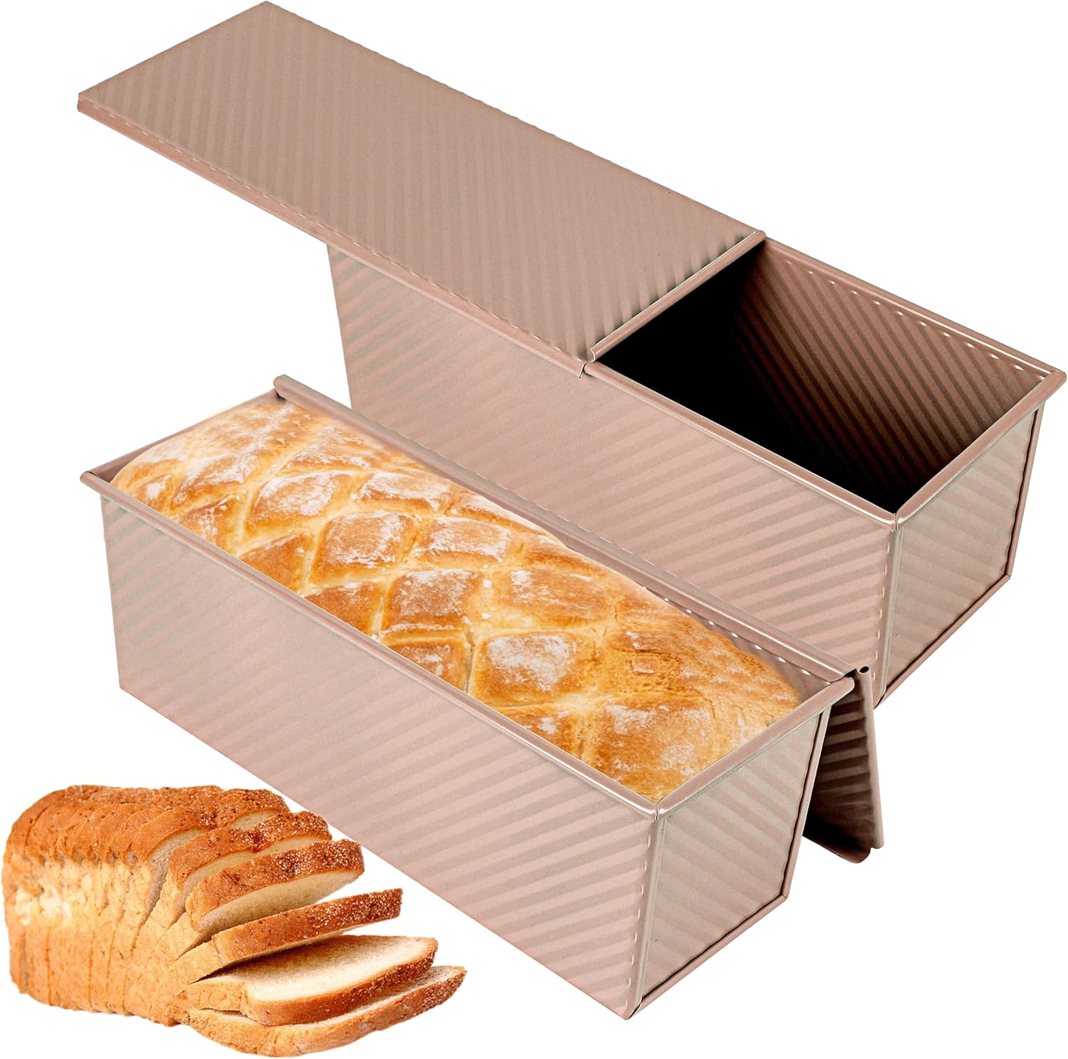 2-Pack 2.2Lb Gold Pullman Loaf Pan with Lid, Premium Non-Stick Coating Bread Pan, PFTE and Pfoa-Free, Safe and Healthy Baking for Homemade Bread with Family-Sized Recipes