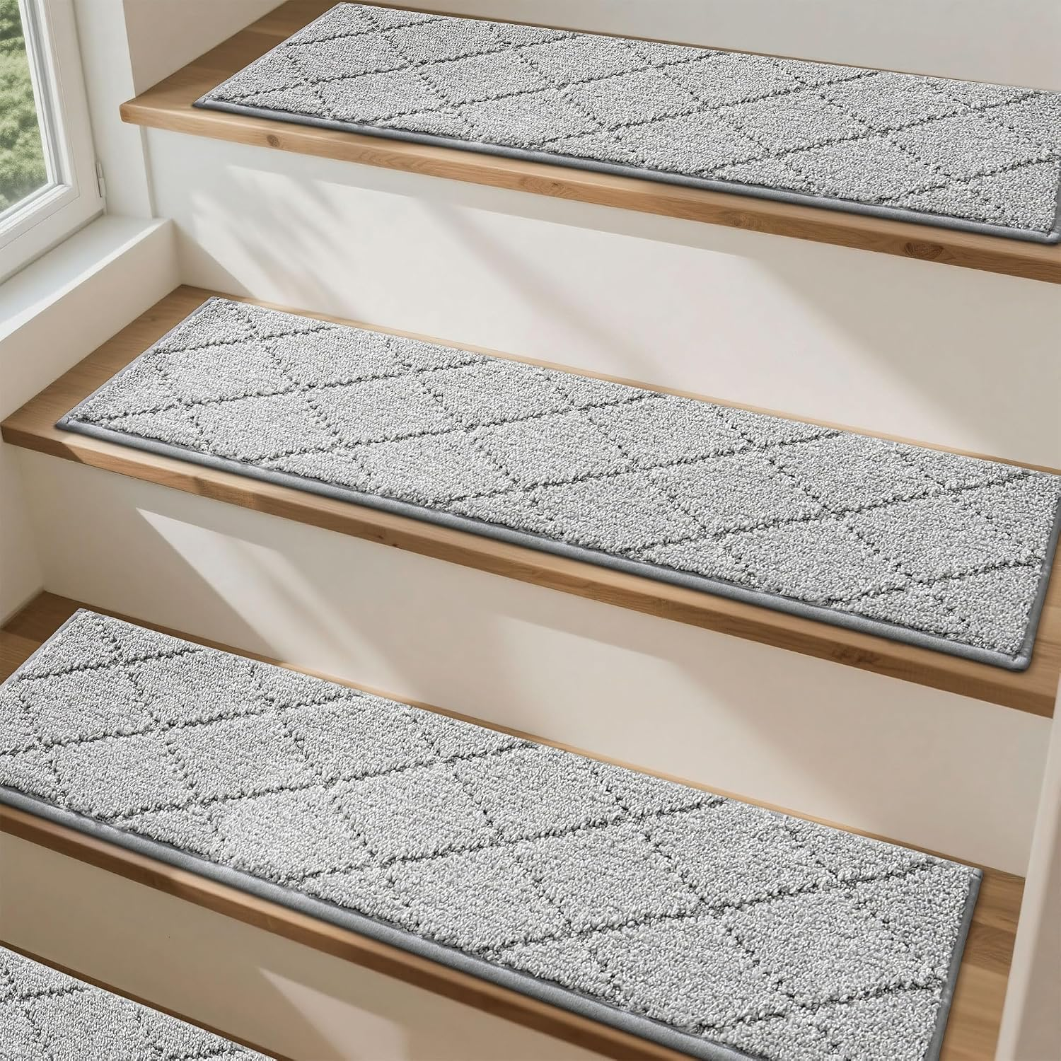 Stair Treads 15 Pack, Nonslip Stair Carpet Runners,Grey | 70x22 CM Washable Stair Carpet Treads Pads for Indoor Wooden Steps Stairs, 100% Polyester Easy Care & Peel Noice Reduction