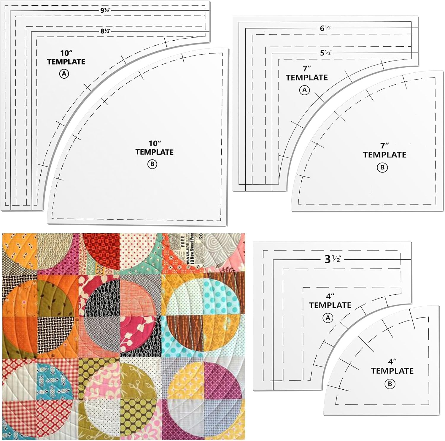 3 Set Drunkards Path Quilting Templates Large Quilting Rulers and Templates for Cutting Patterns with 1/4 Seam Allowance Supplies for DIY Craft(Clear,10, 7, 4 Inch)